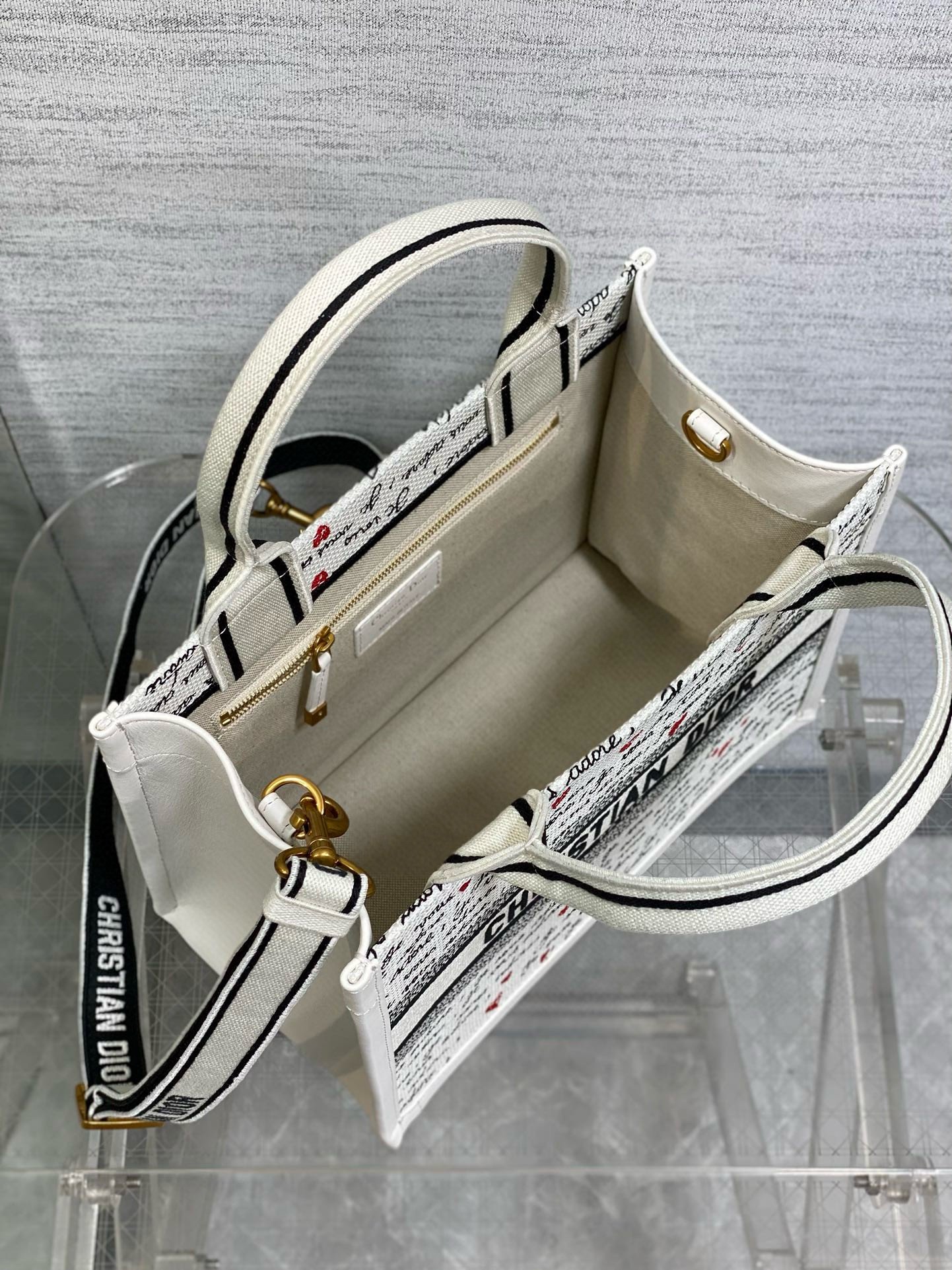 Dior Dioramour Small Book Tote Bag with Strap in Je Vous Adore Embroidery and White Calfskin