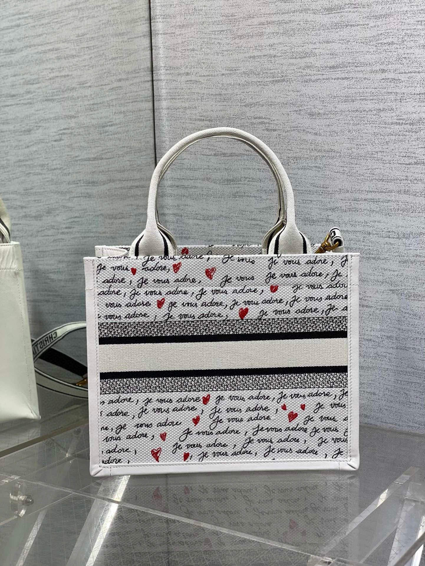 Dior Dioramour Small Book Tote Bag with Strap in Je Vous Adore Embroidery and White Calfskin