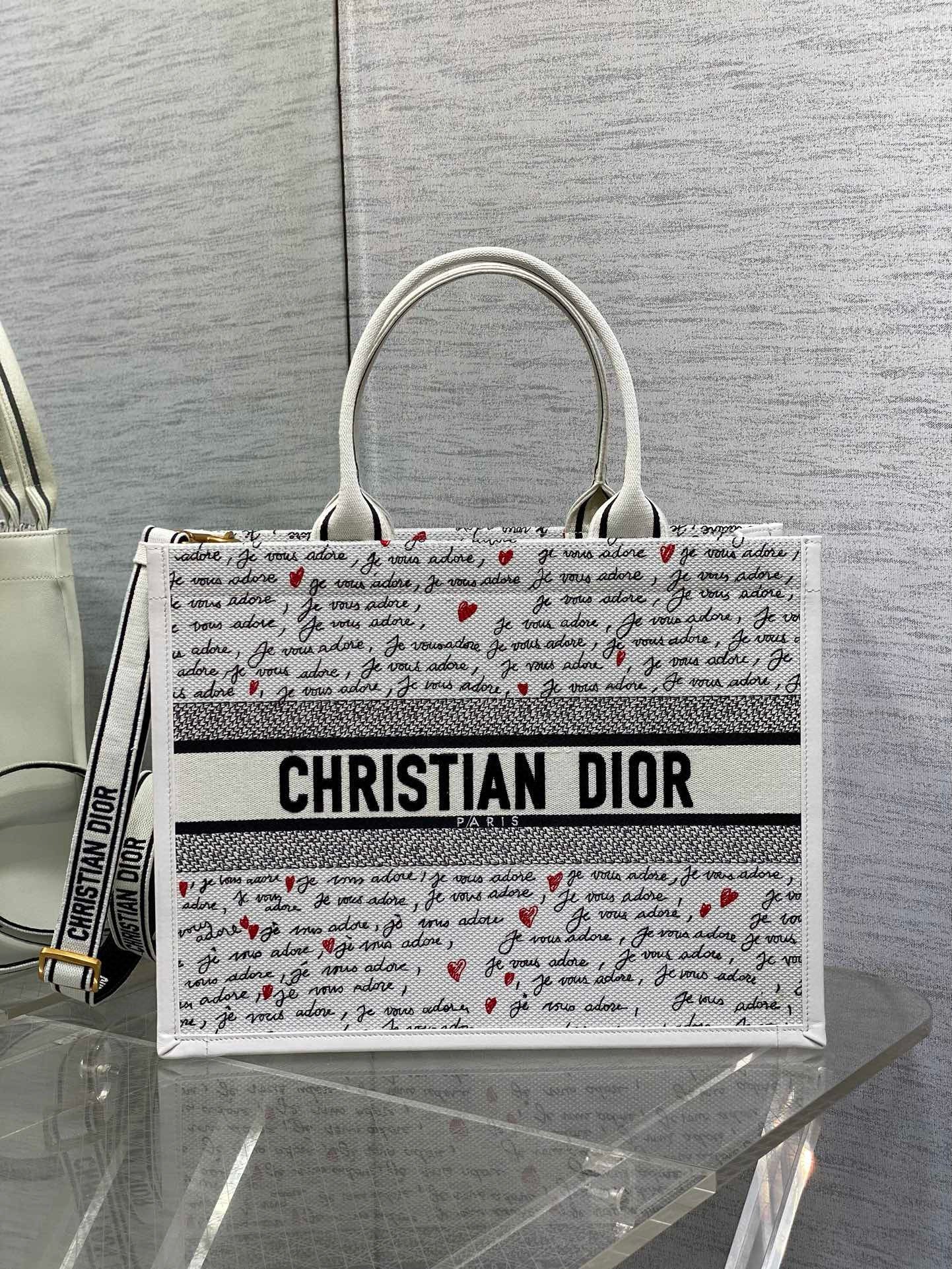 Dior Dioramour Medium Book Tote Bag with Strap in Je Vous Adore Embroidery and White Calfskin