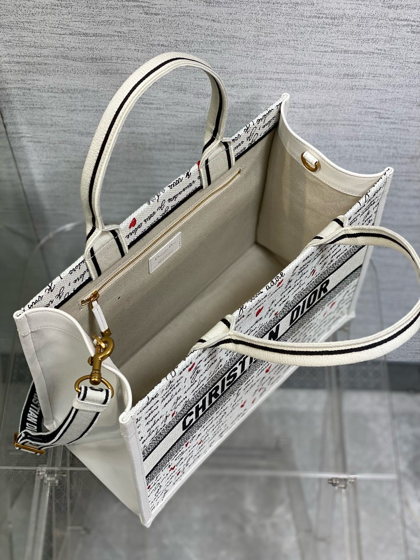 Dior Dioramour Medium Book Tote Bag with Strap in Je Vous Adore Embroidery and White Calfskin