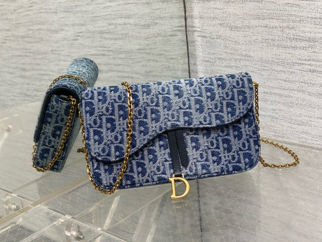 Dior Saddle Chain Pouch in Blue Denim Oblique Jacquard