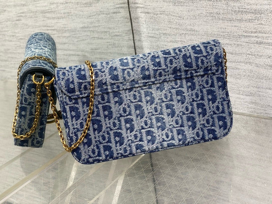 Dior Saddle Chain Pouch in Blue Denim Oblique Jacquard