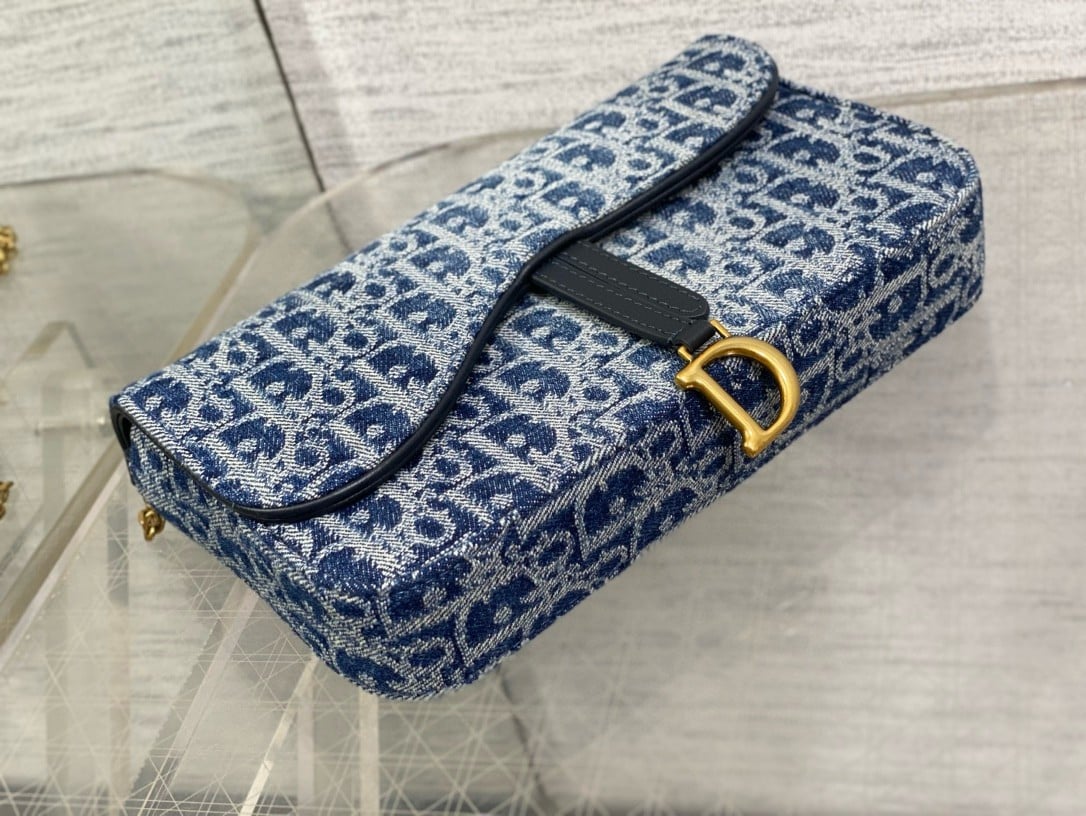 Dior Saddle Chain Pouch in Blue Denim Oblique Jacquard