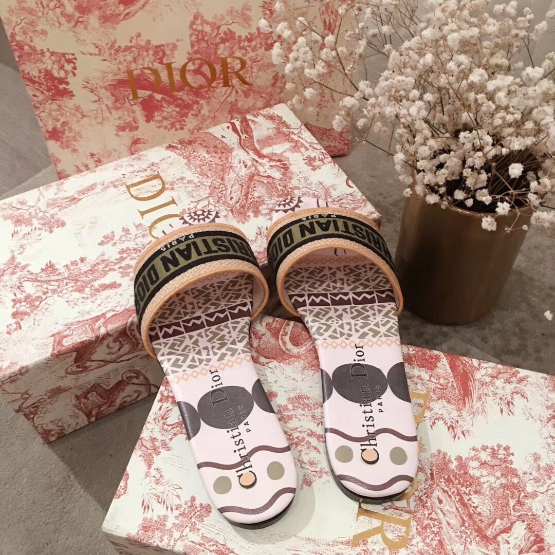 Dior Dway Slides In Embroidered Cotton with Geometric Motif