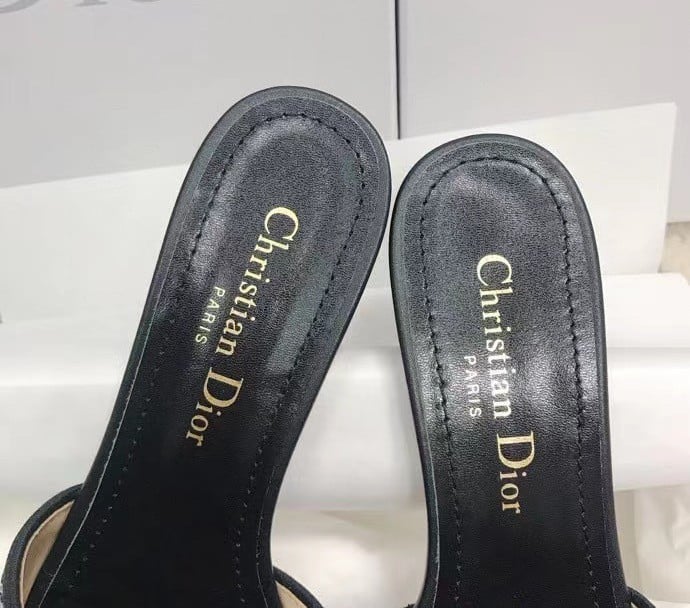 Dior Dway Heeled Black Slides with Metallic Thread and Strass