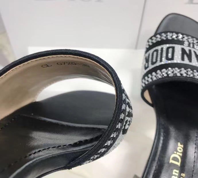 Dior Dway Heeled Black Slides with Metallic Thread and Strass