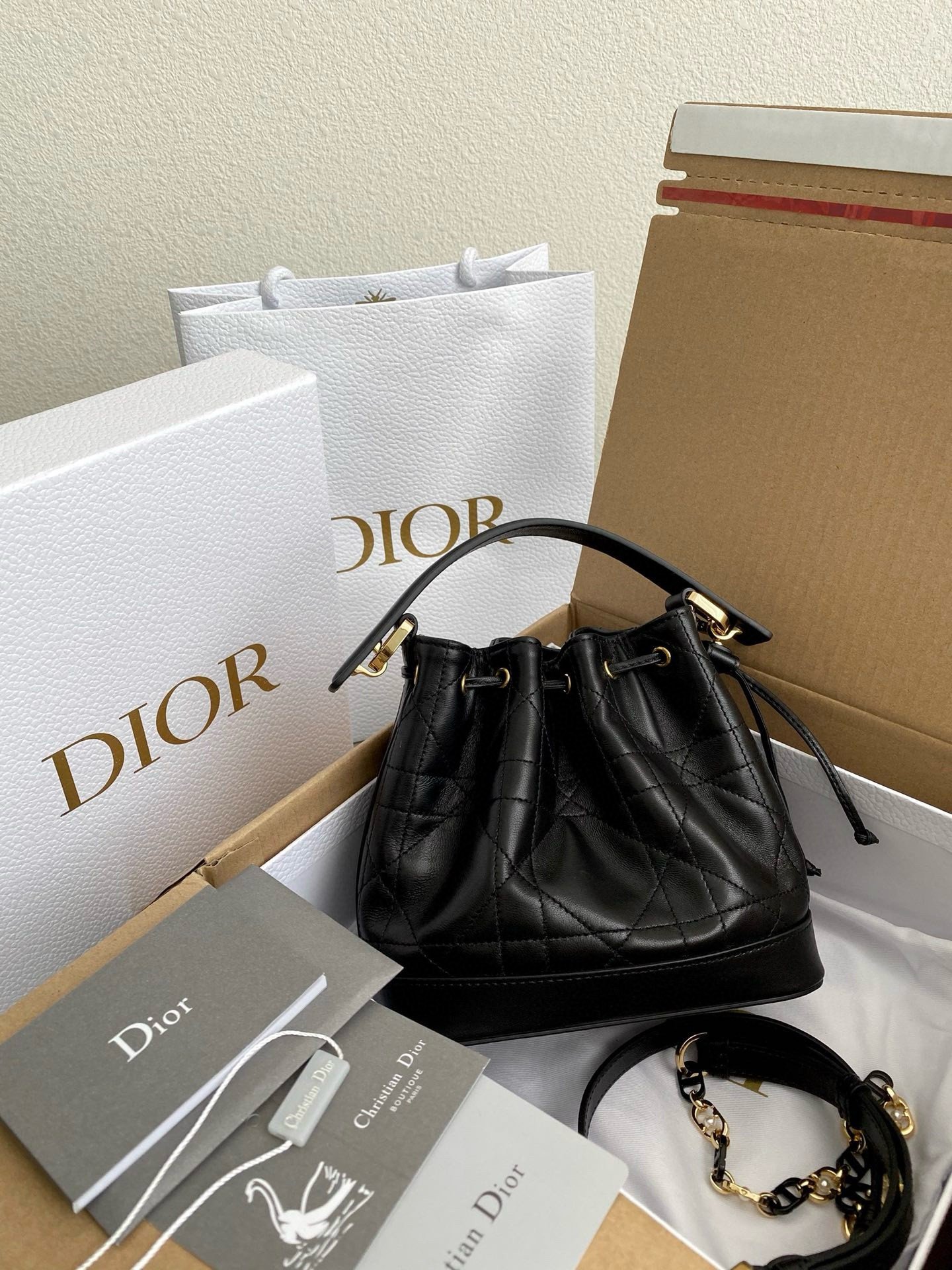 Dior Small Jolie Bucket Bag in Black Macrocannage Lambskin