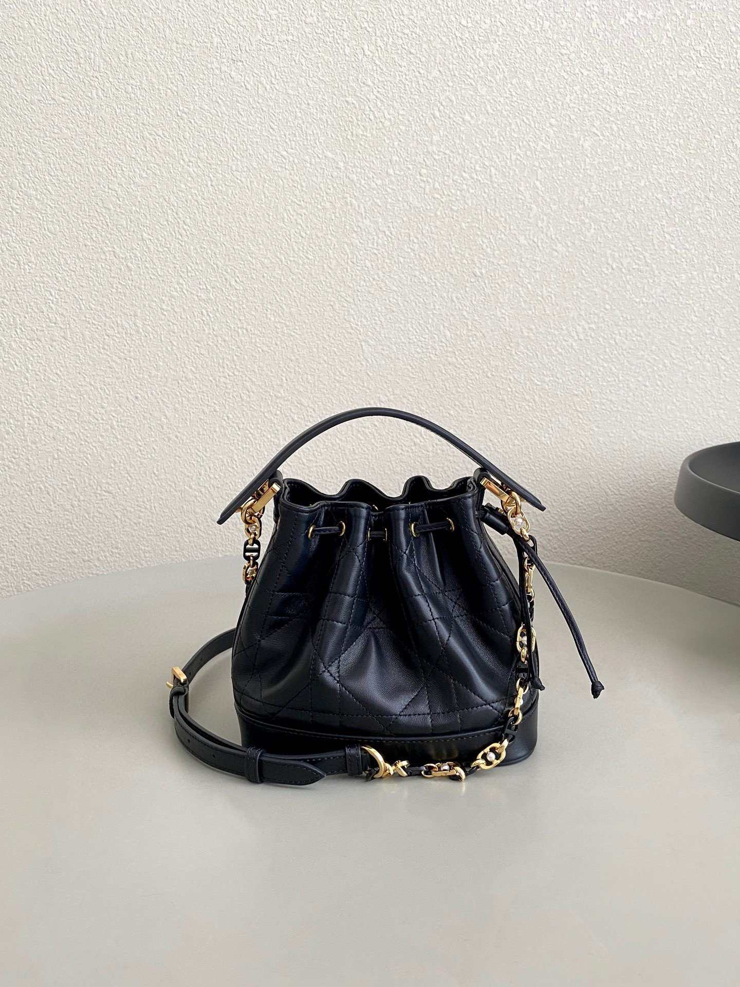 Dior Small Jolie Bucket Bag in Black Macrocannage Lambskin