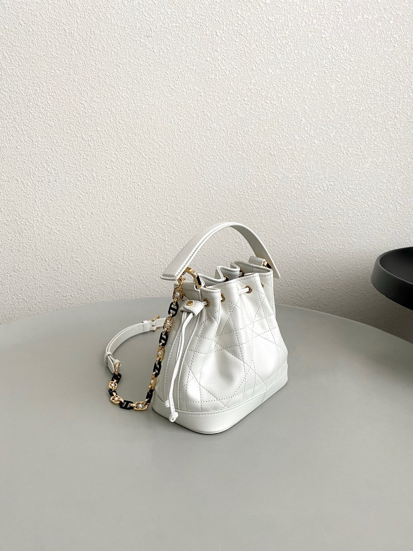 Dior Small Jolie Bucket Bag in White Macrocannage Lambskin