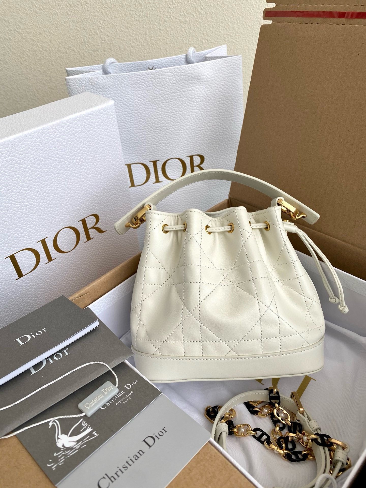 Dior Small Jolie Bucket Bag in White Macrocannage Lambskin