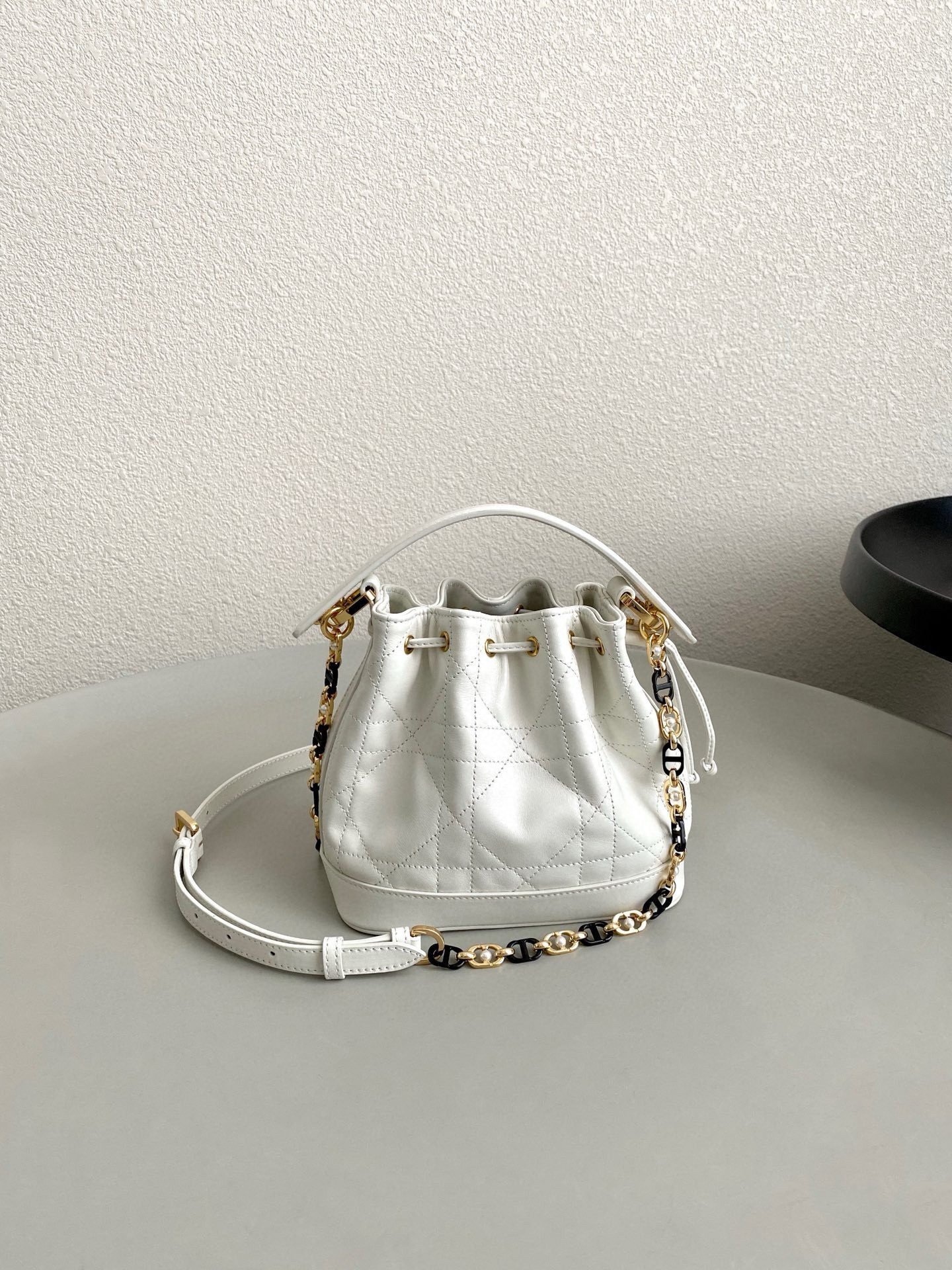 Dior Small Jolie Bucket Bag in White Macrocannage Lambskin