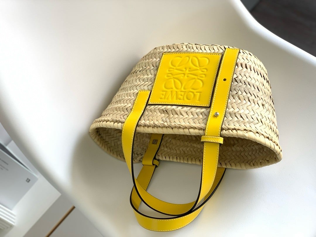 Loewe Small Basket Bag in Raffia and Yellow Calfskin