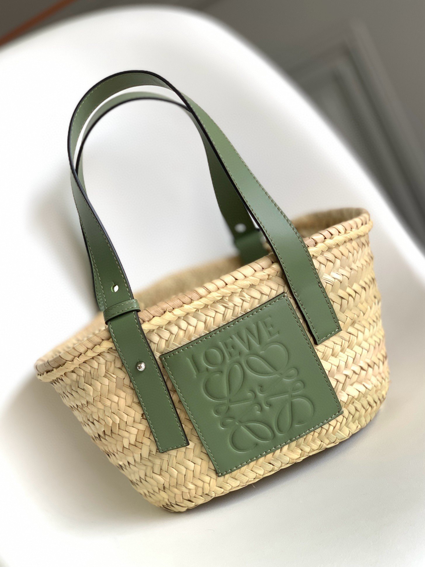 Loewe Small Basket Bag in Raffia and Rosemary Calfskin