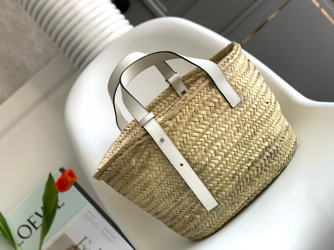 Loewe Medium Basket Bag in Raffia and White Calfskin