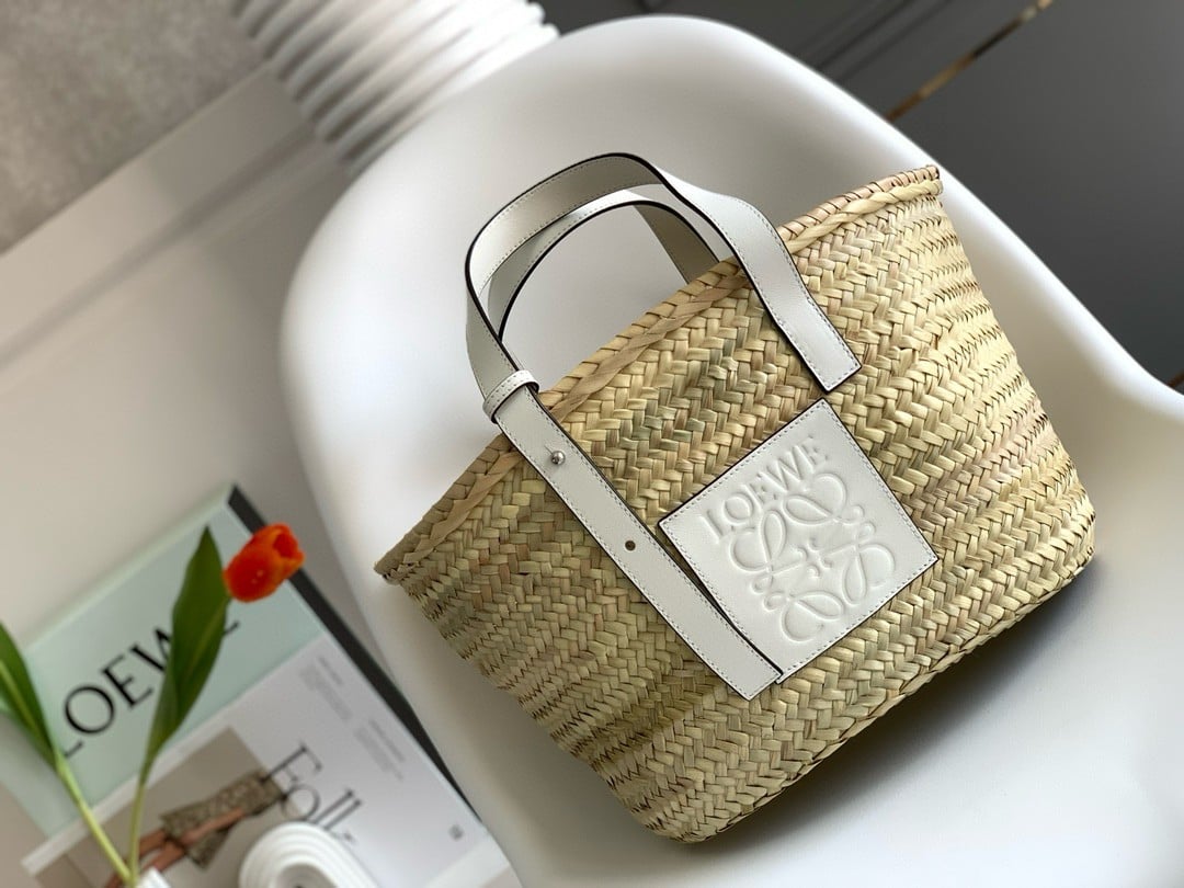 Loewe Medium Basket Bag in Raffia and White Calfskin