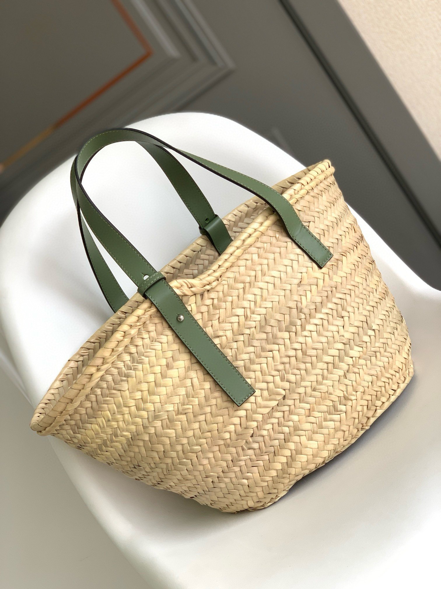 Loewe Medium Basket Bag in Raffia and Rosemary Calfskin