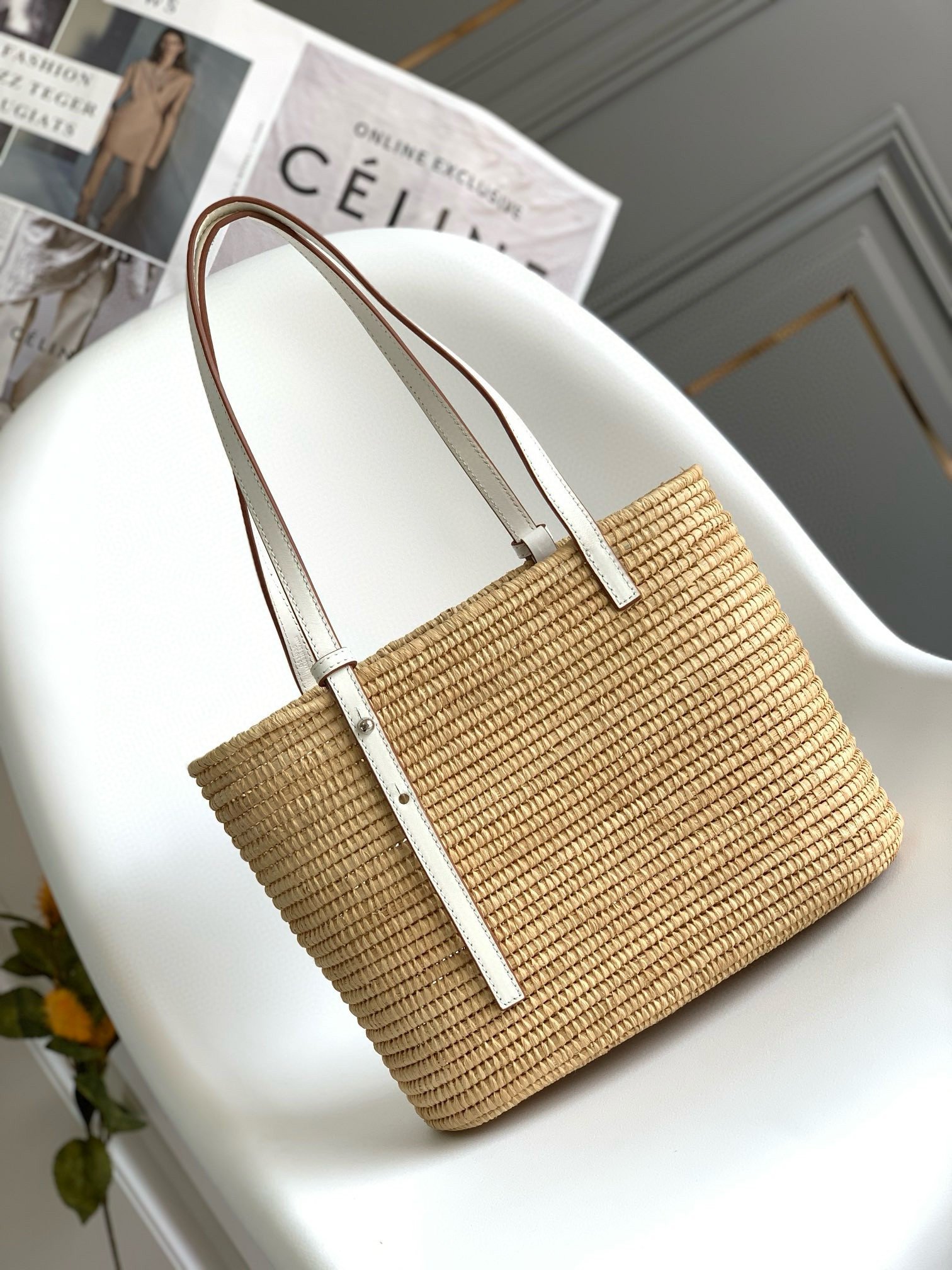 Loewe Small Square Basket Bag in Raffia and White Calfskin