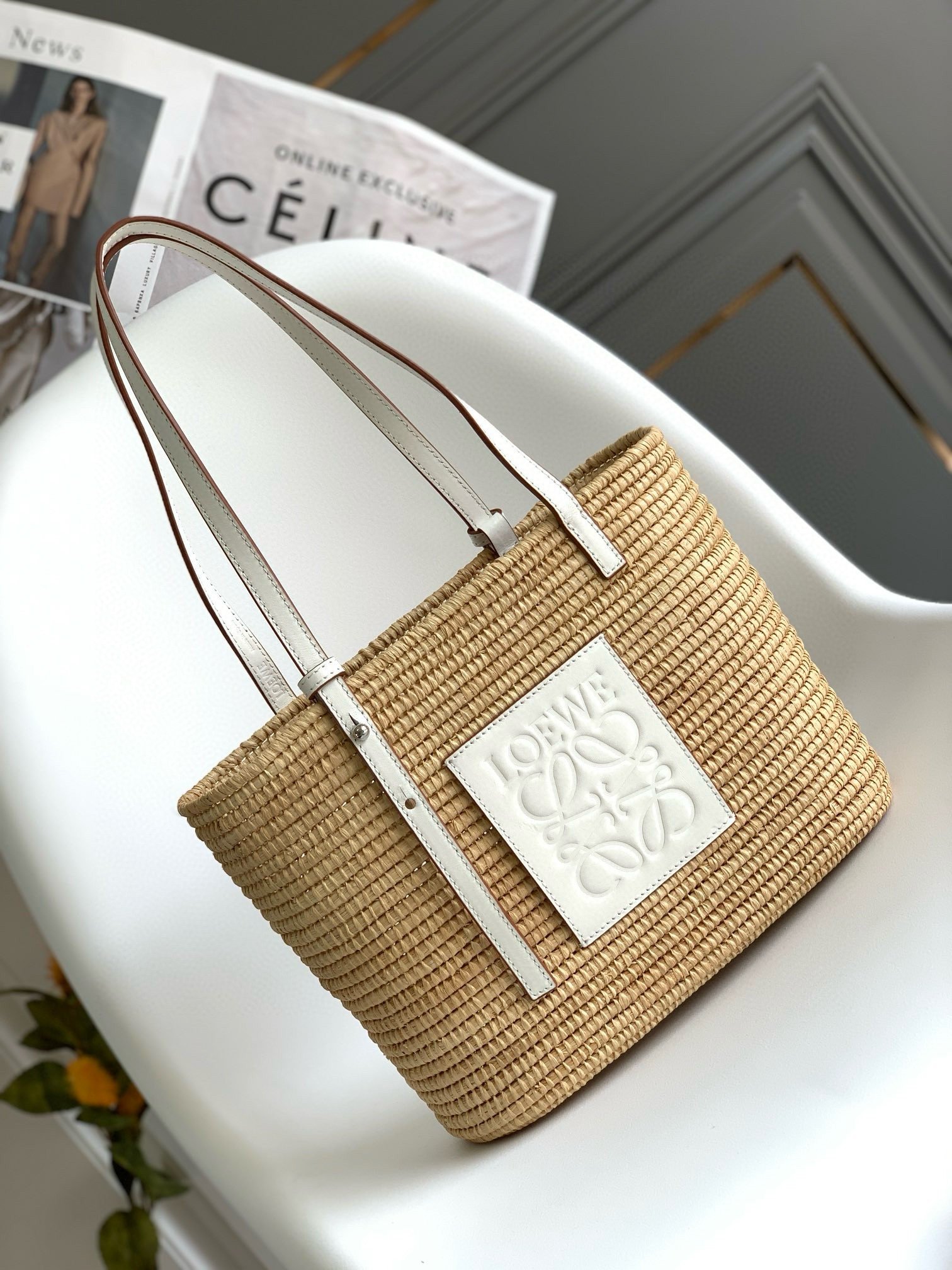 Loewe Small Square Basket Bag in Raffia and White Calfskin