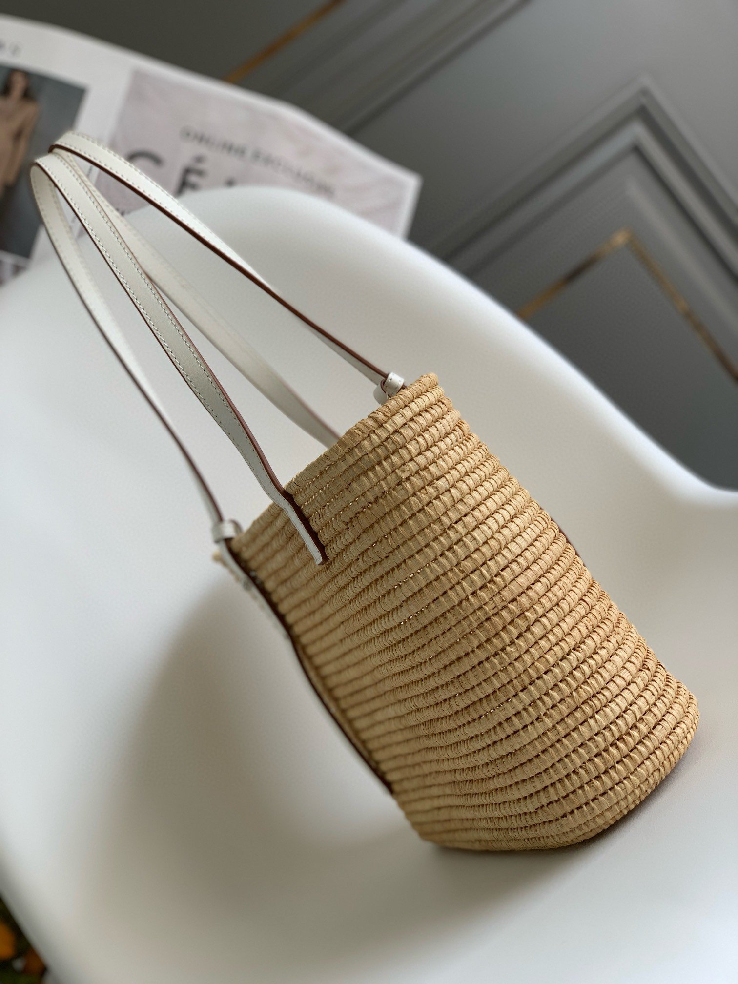 Loewe Small Square Basket Bag in Raffia and White Calfskin