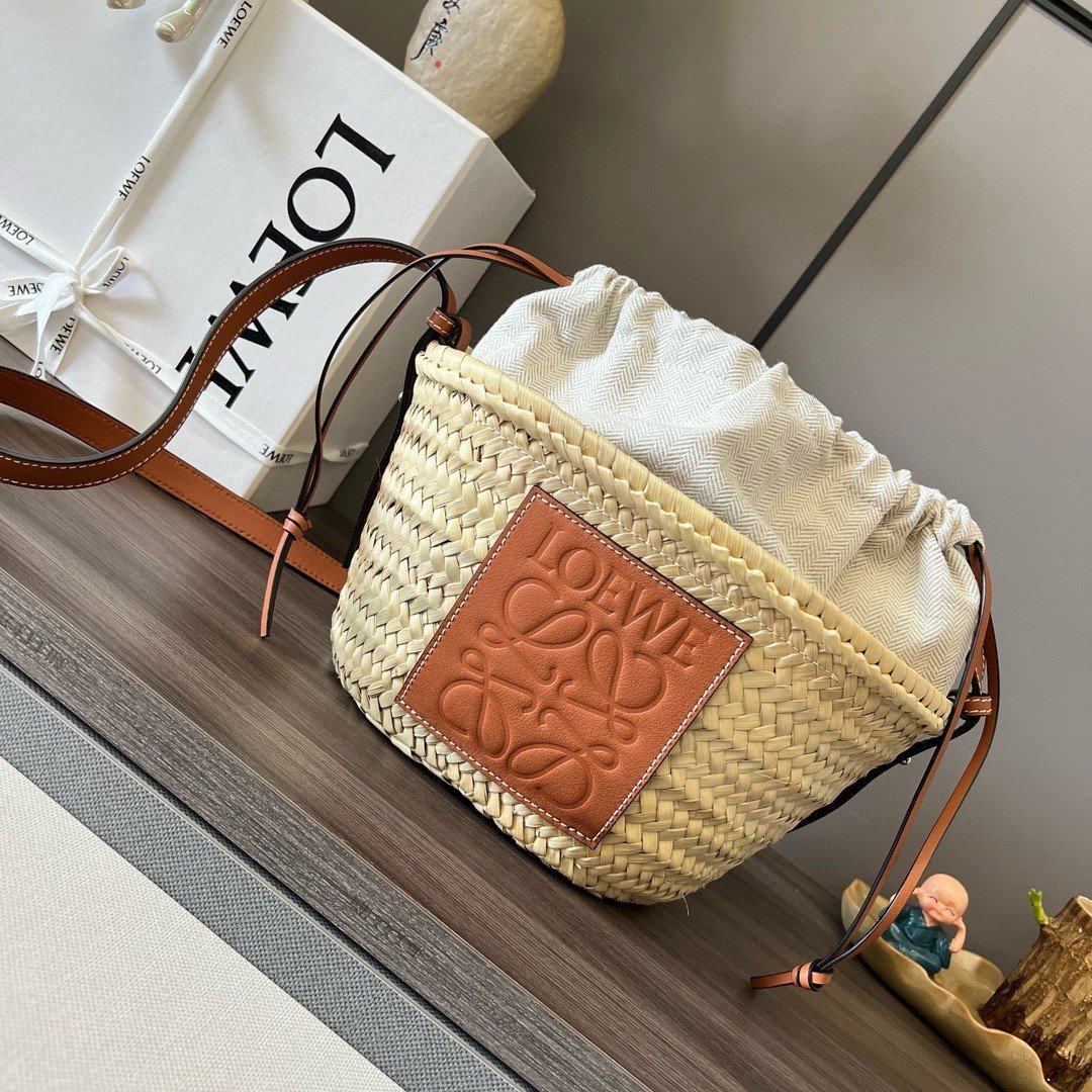 Loewe Drawstring Bucket Bag in Palm Leaf and Brown Calfskin