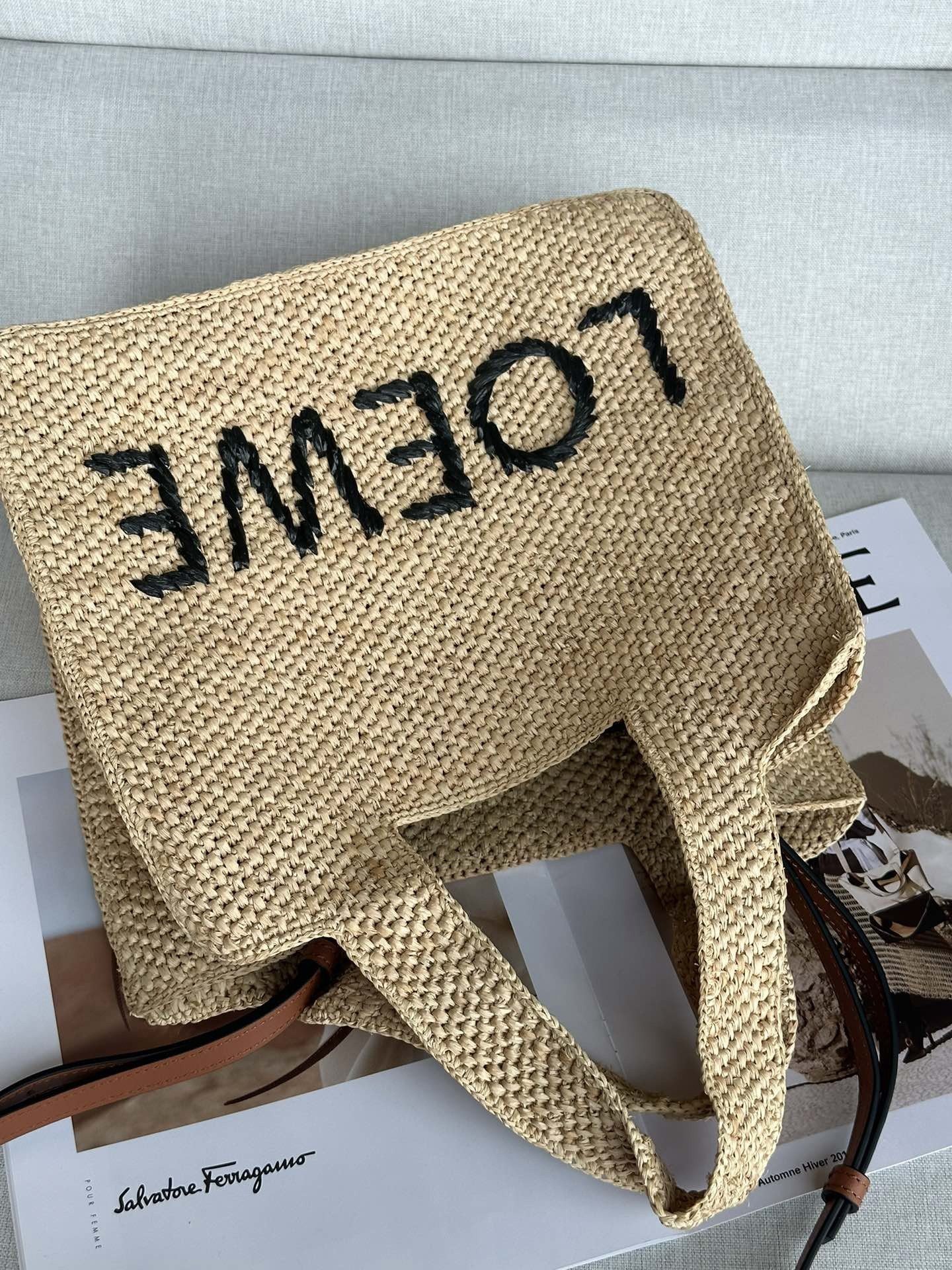 Loewe Small LOEWE Font Tote in Natural Raffia