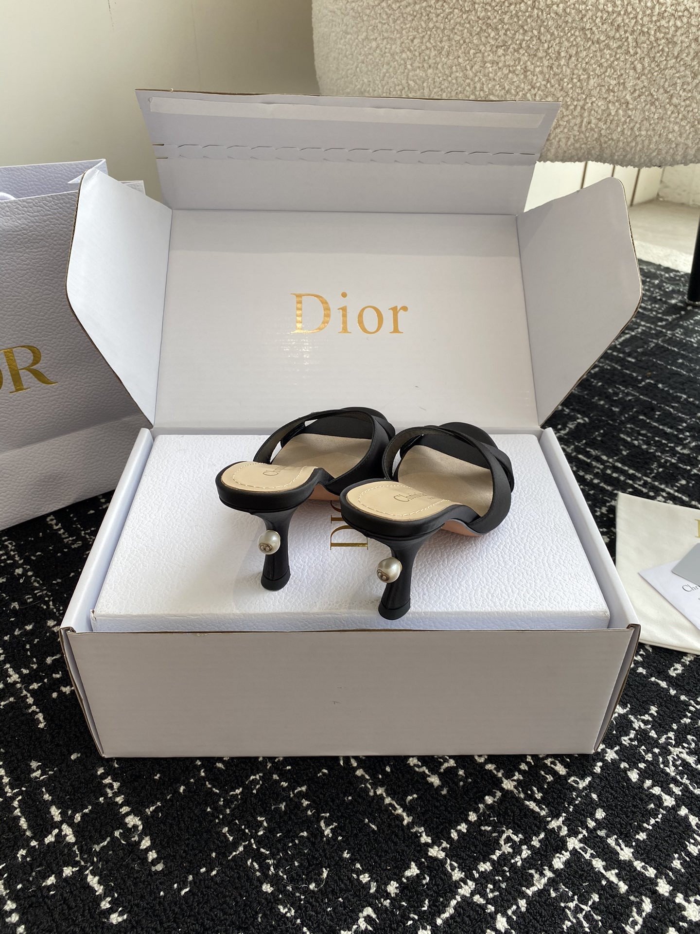 Dior Tribales Heeled Slide Sandals in Black Satin