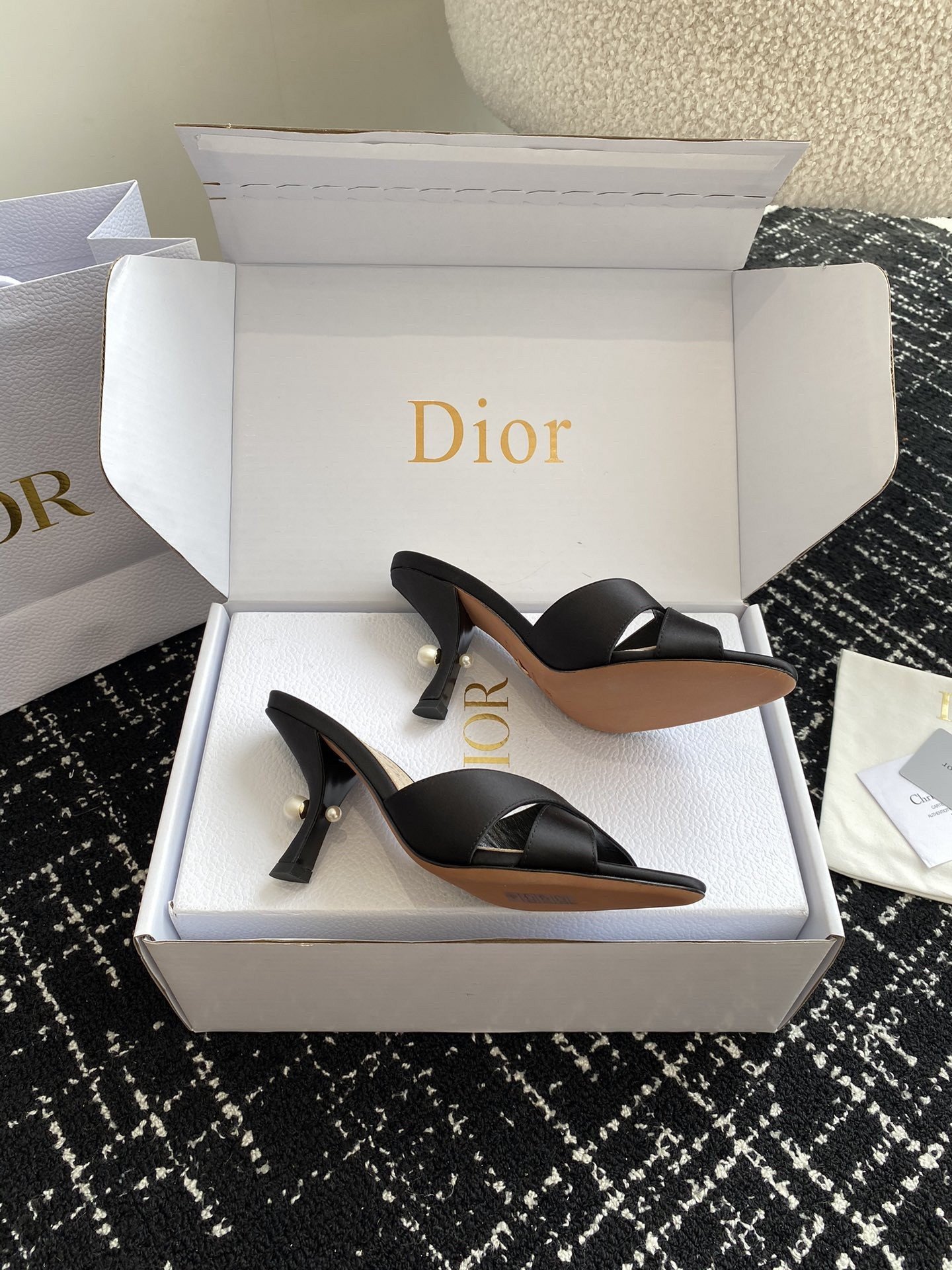 Dior Tribales Heeled Slide Sandals in Black Satin