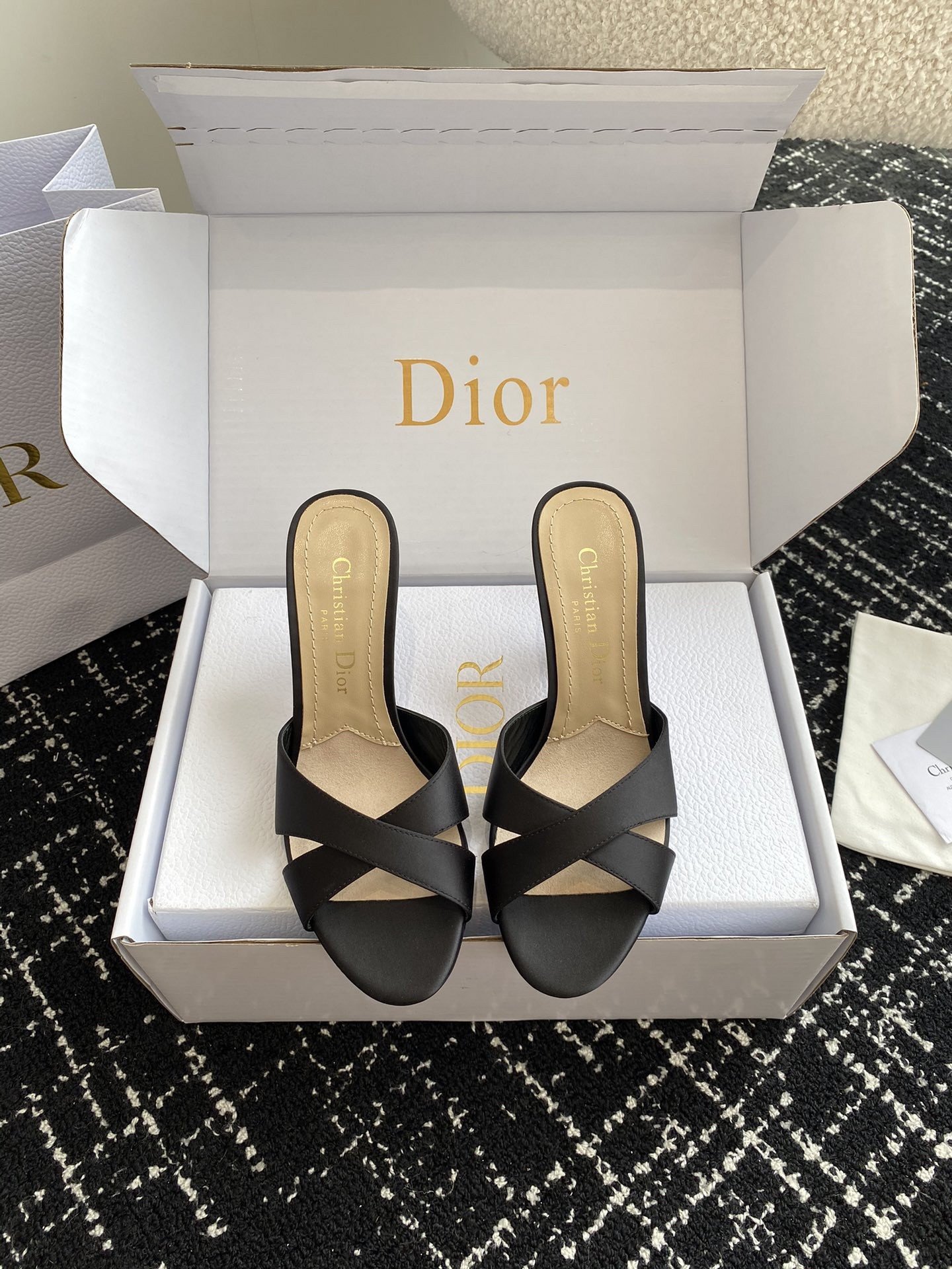 Dior Tribales Heeled Slide Sandals in Black Satin