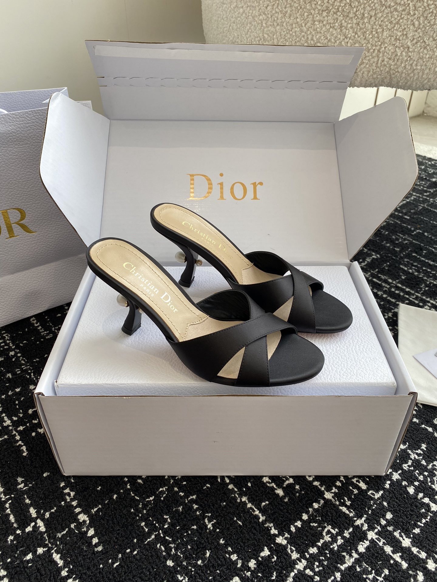 Dior Tribales Heeled Slide Sandals in Black Satin