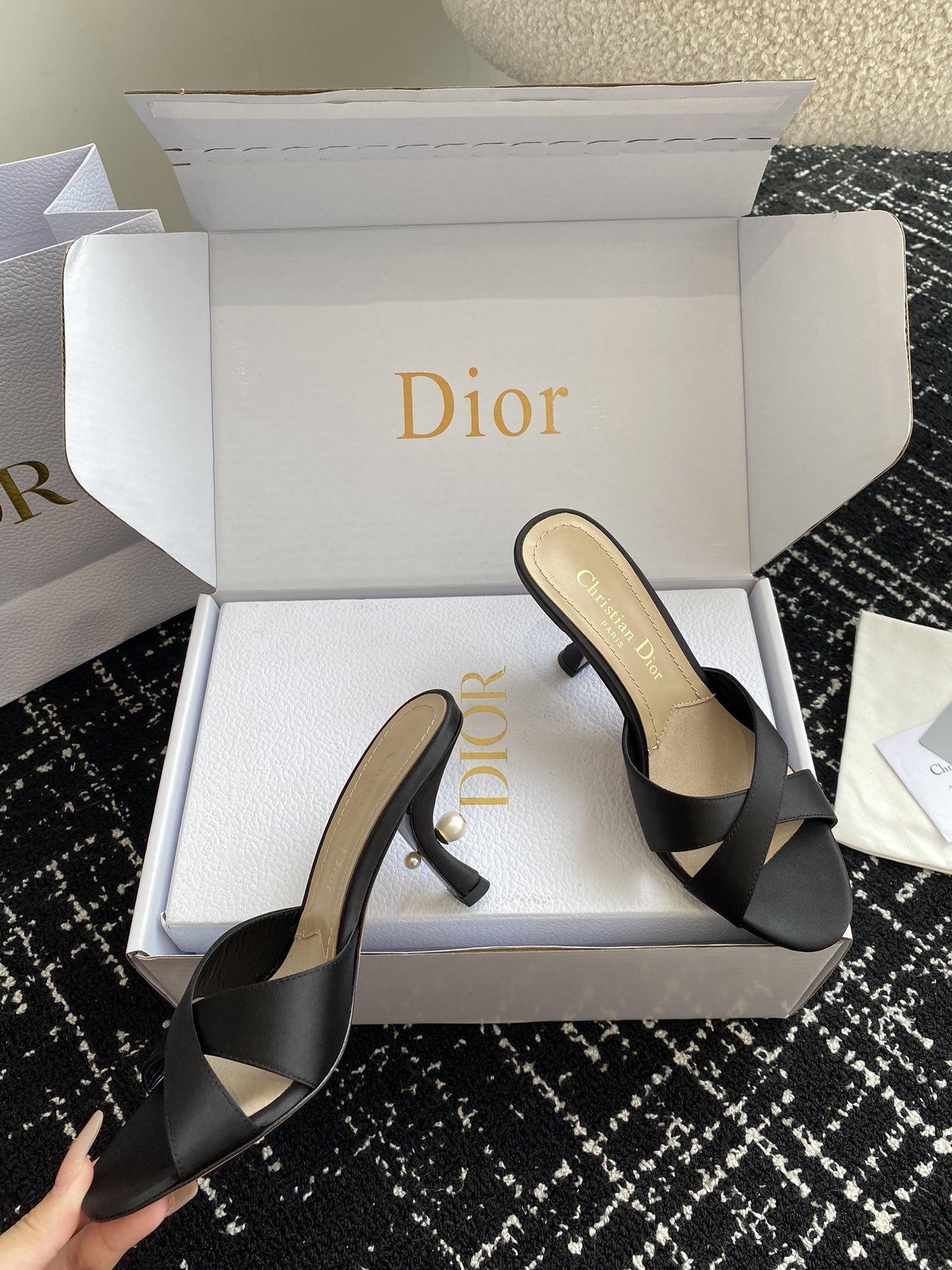 Dior Tribales Heeled Slide Sandals in Black Satin