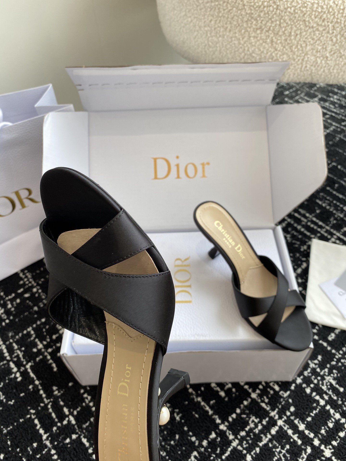 Dior Tribales Heeled Slide Sandals in Black Satin