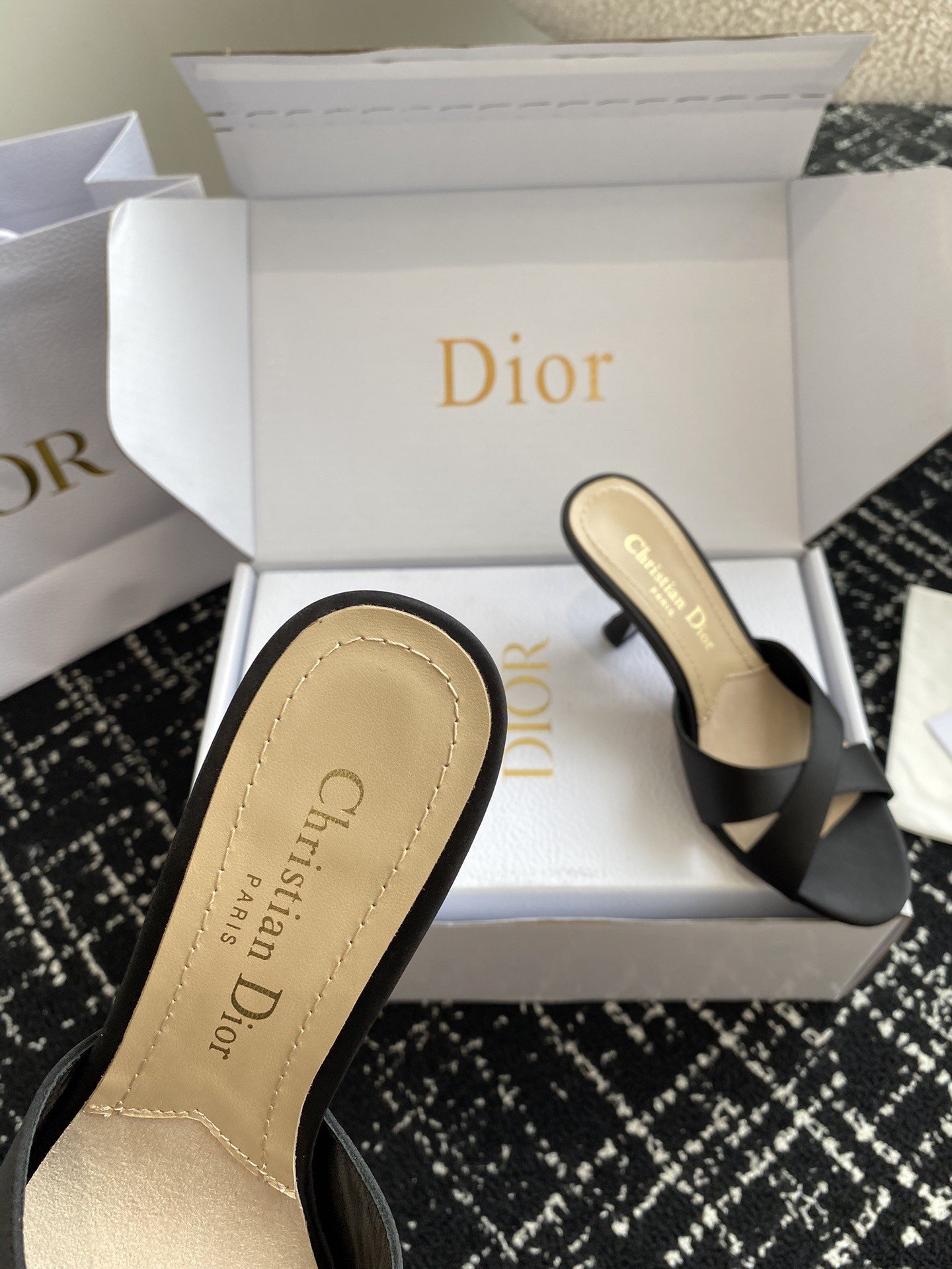 Dior Tribales Heeled Slide Sandals in Black Satin