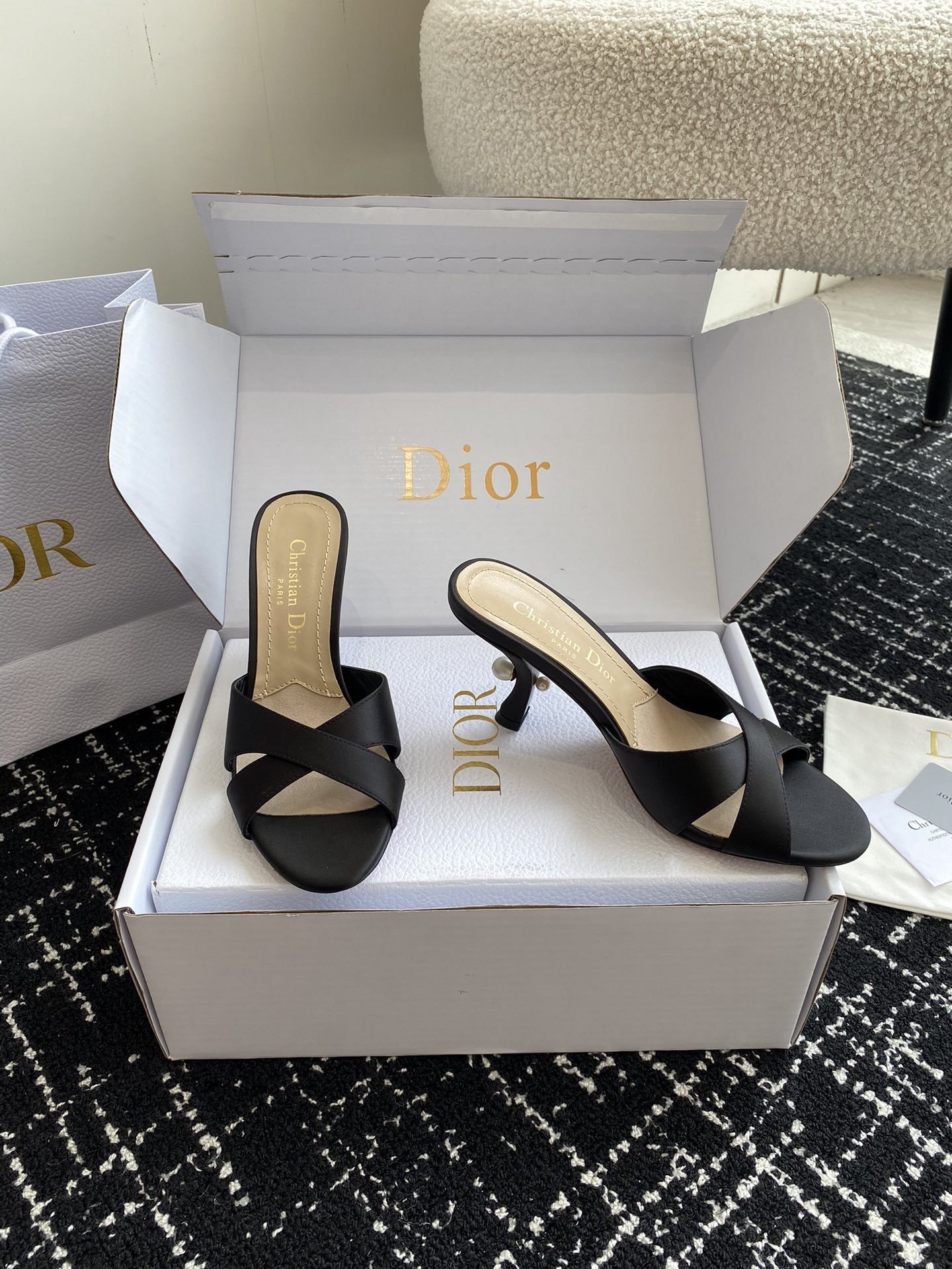 Dior Tribales Heeled Slide Sandals in Black Satin