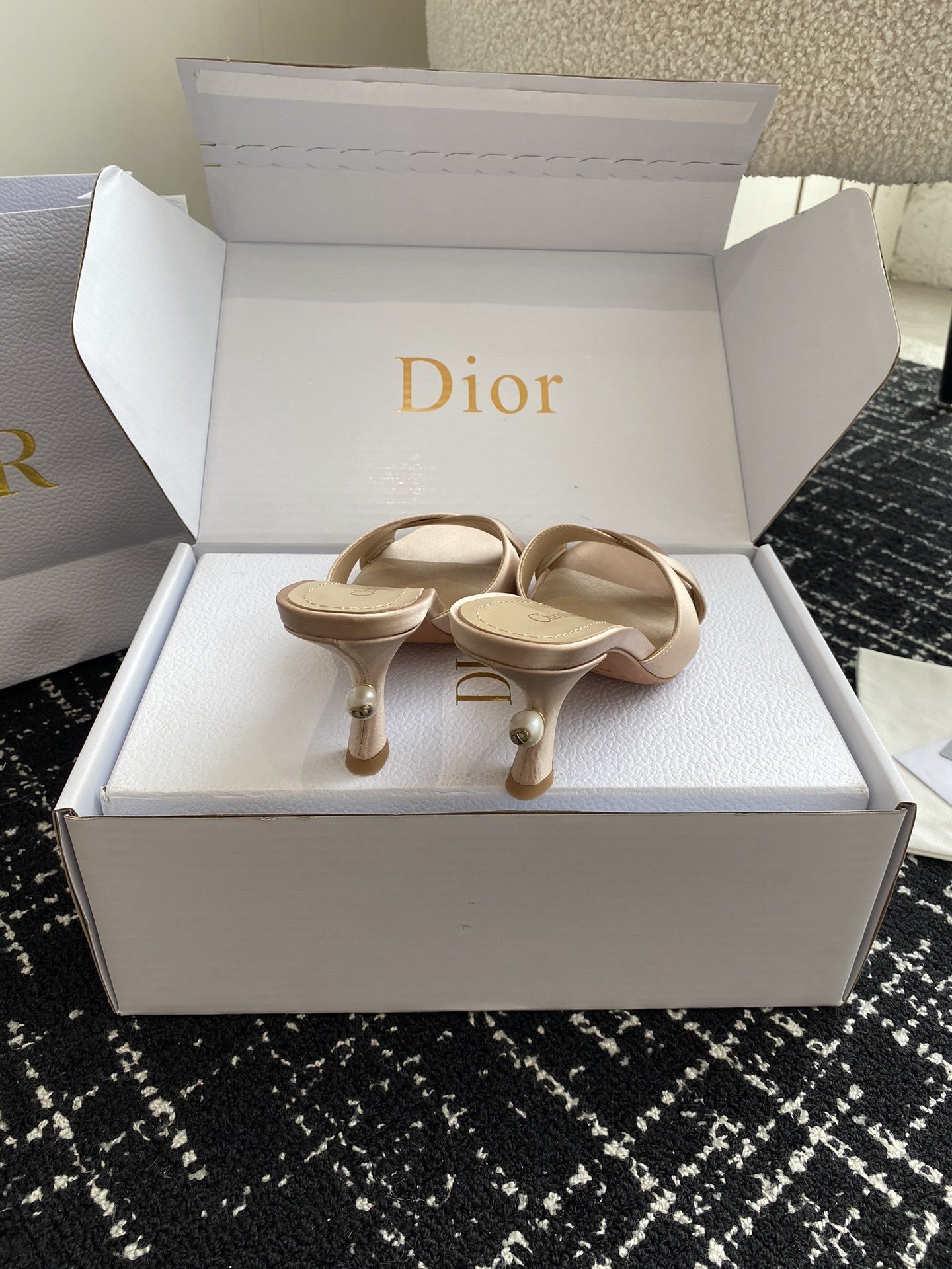 Dior Tribales Heeled Slide Sandals in Nude Satin