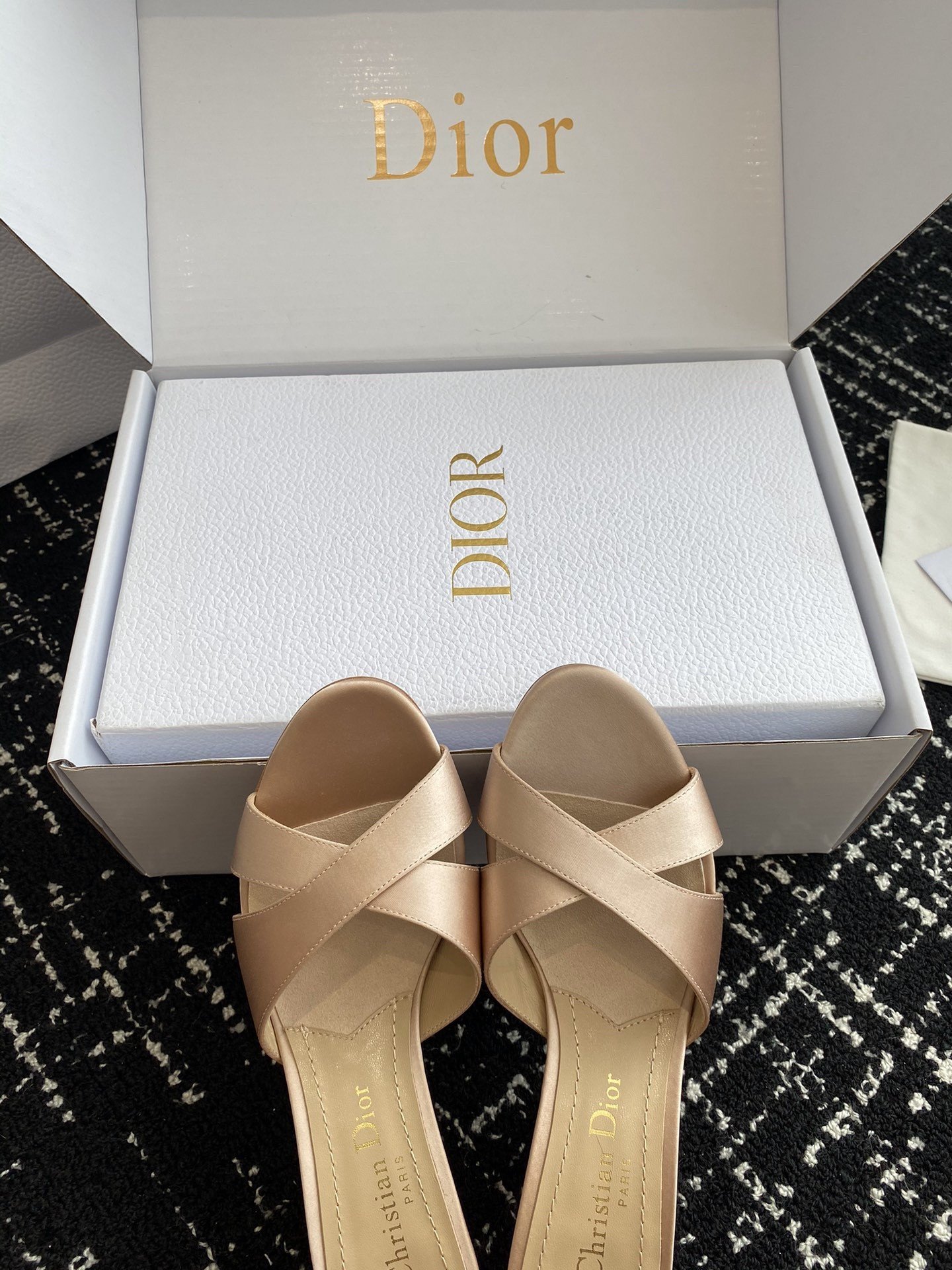 Dior Tribales Heeled Slide Sandals in Nude Satin