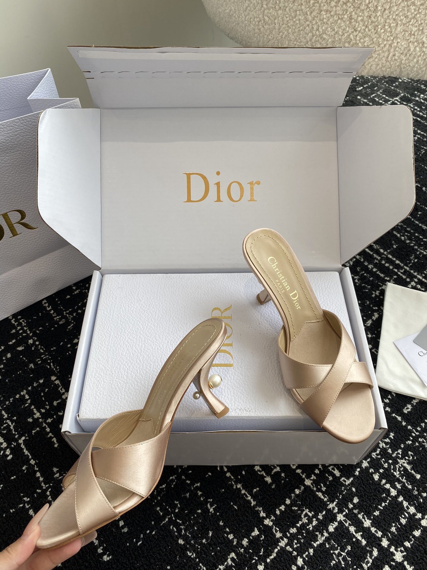 Dior Tribales Heeled Slide Sandals in Nude Satin