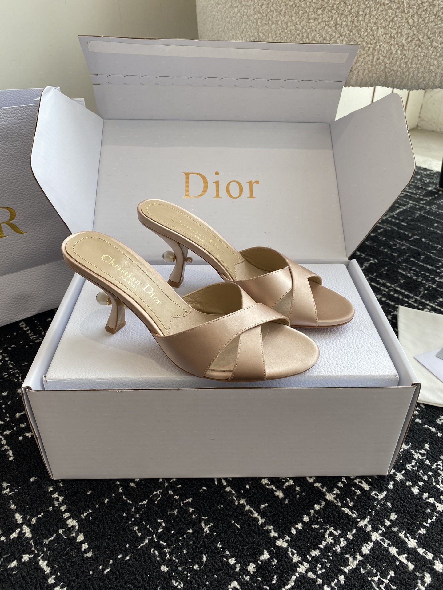 Dior Tribales Heeled Slide Sandals in Nude Satin