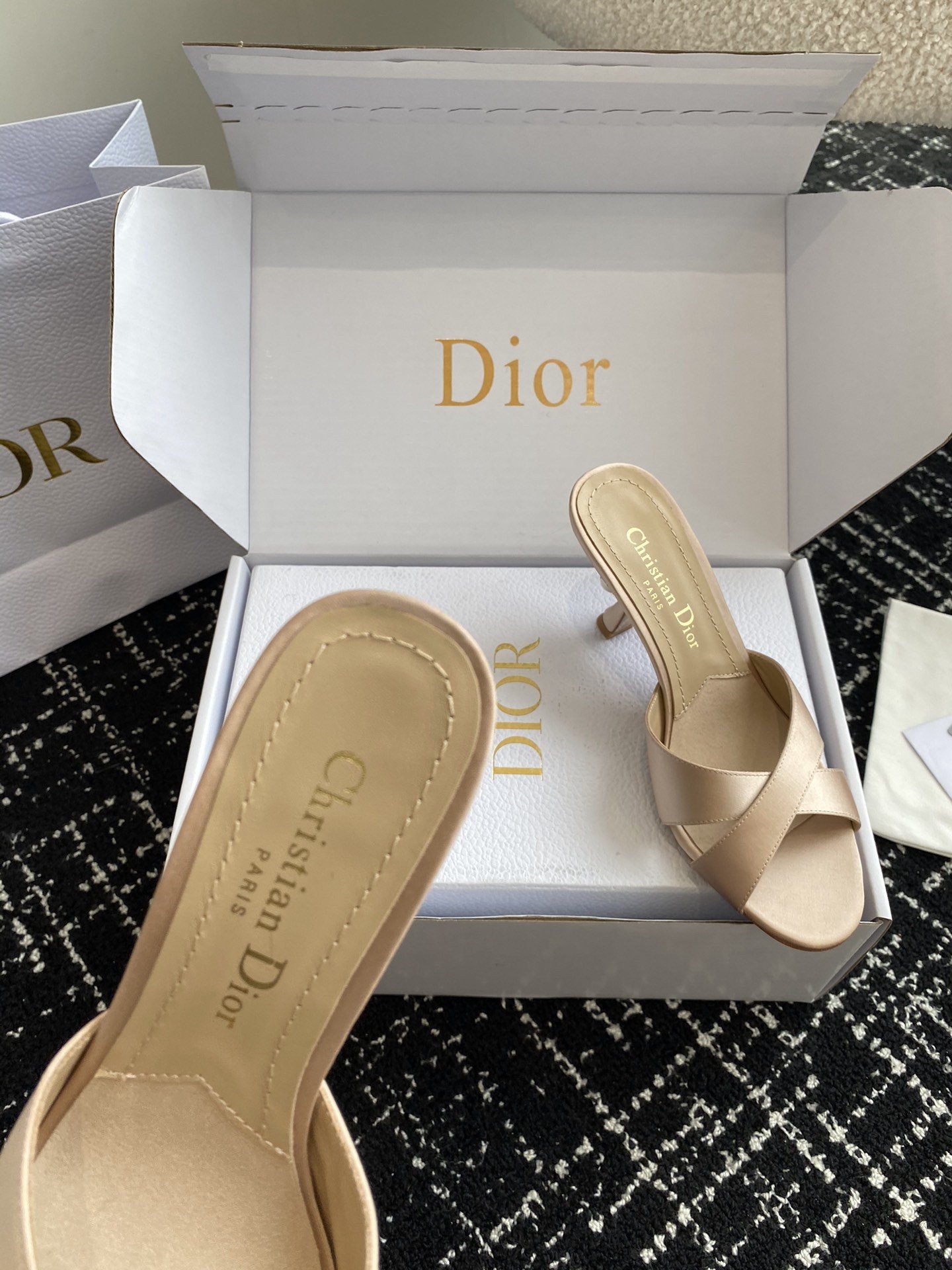 Dior Tribales Heeled Slide Sandals in Nude Satin