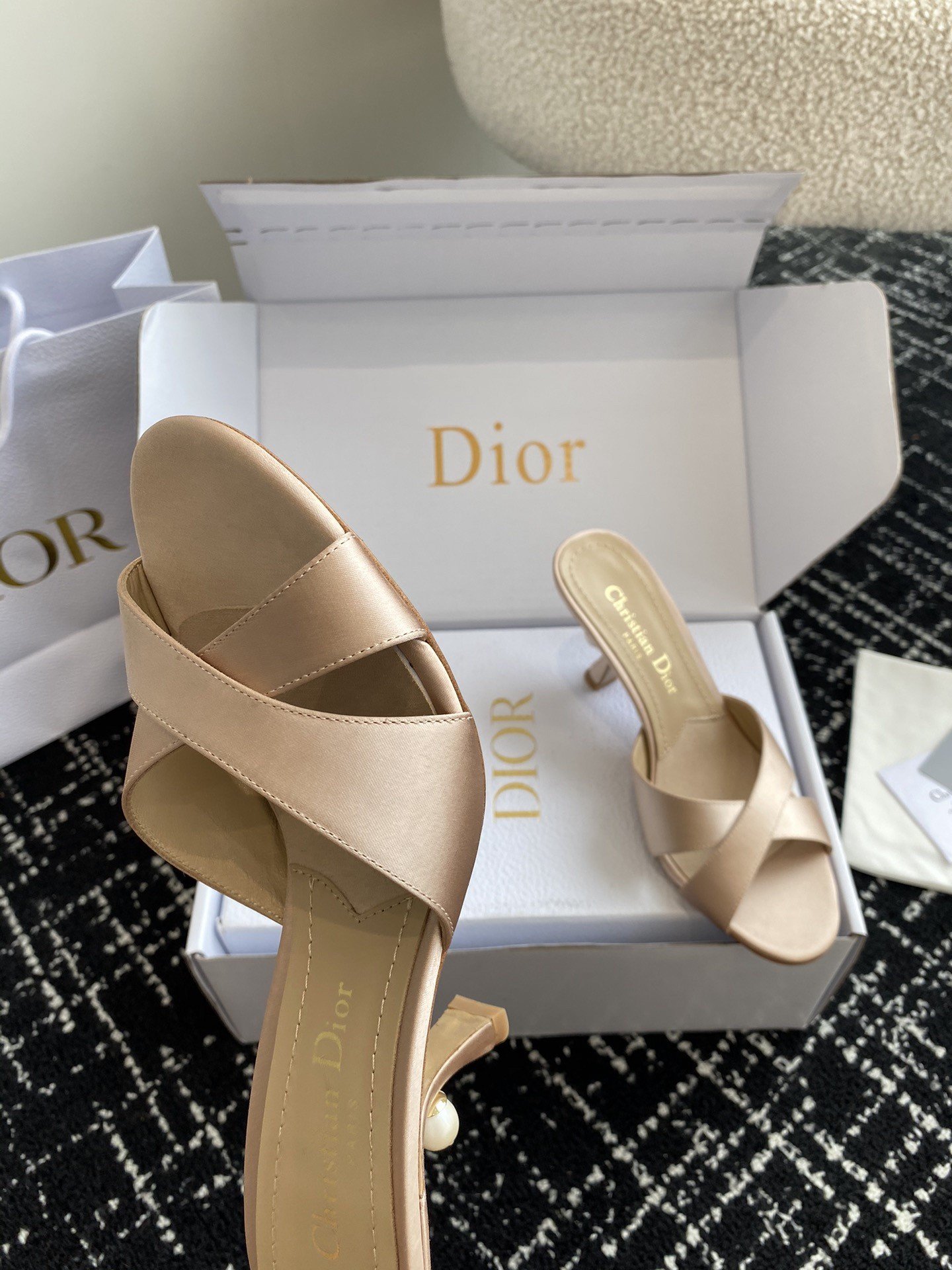 Dior Tribales Heeled Slide Sandals in Nude Satin