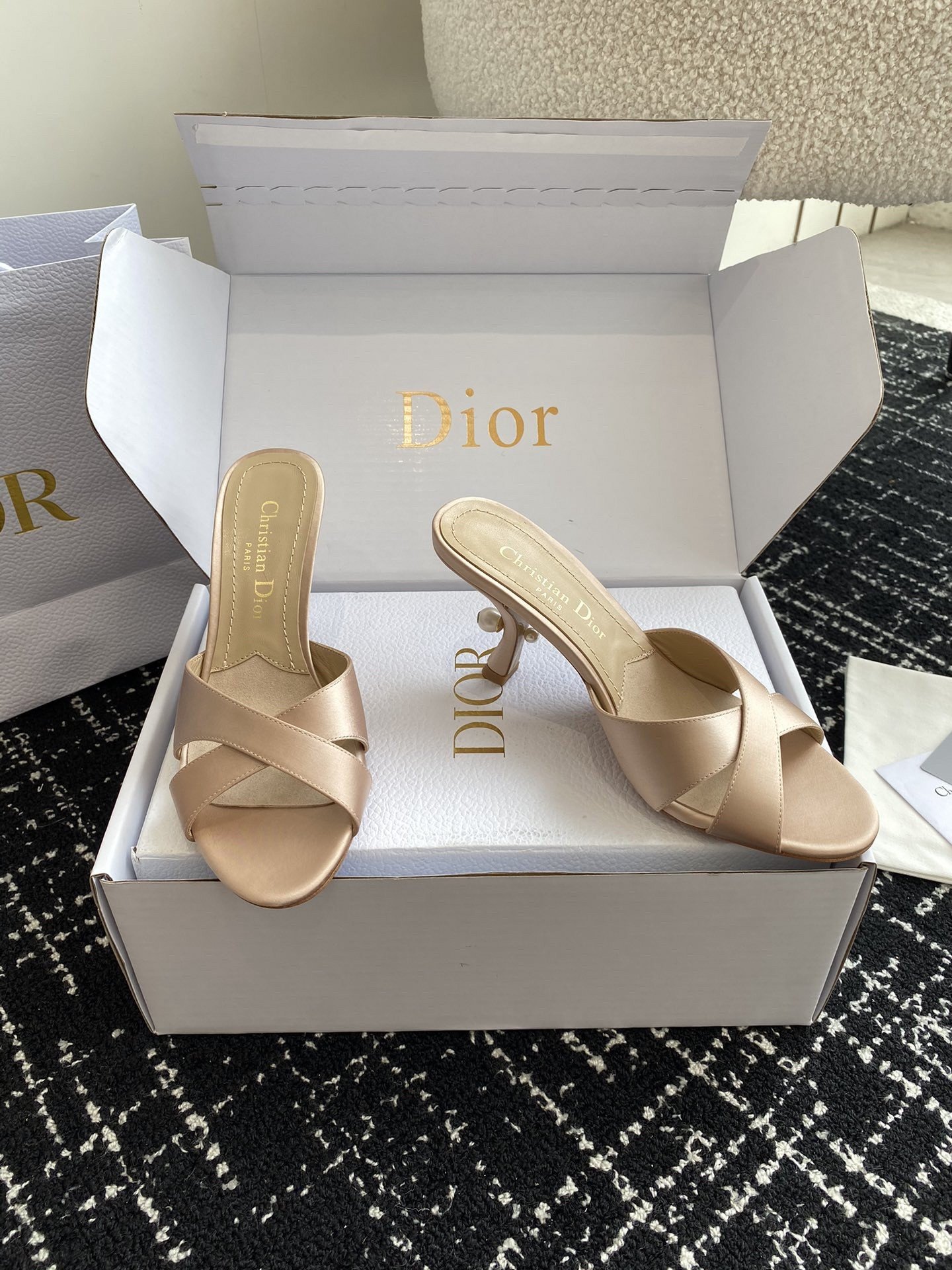 Dior Tribales Heeled Slide Sandals in Nude Satin