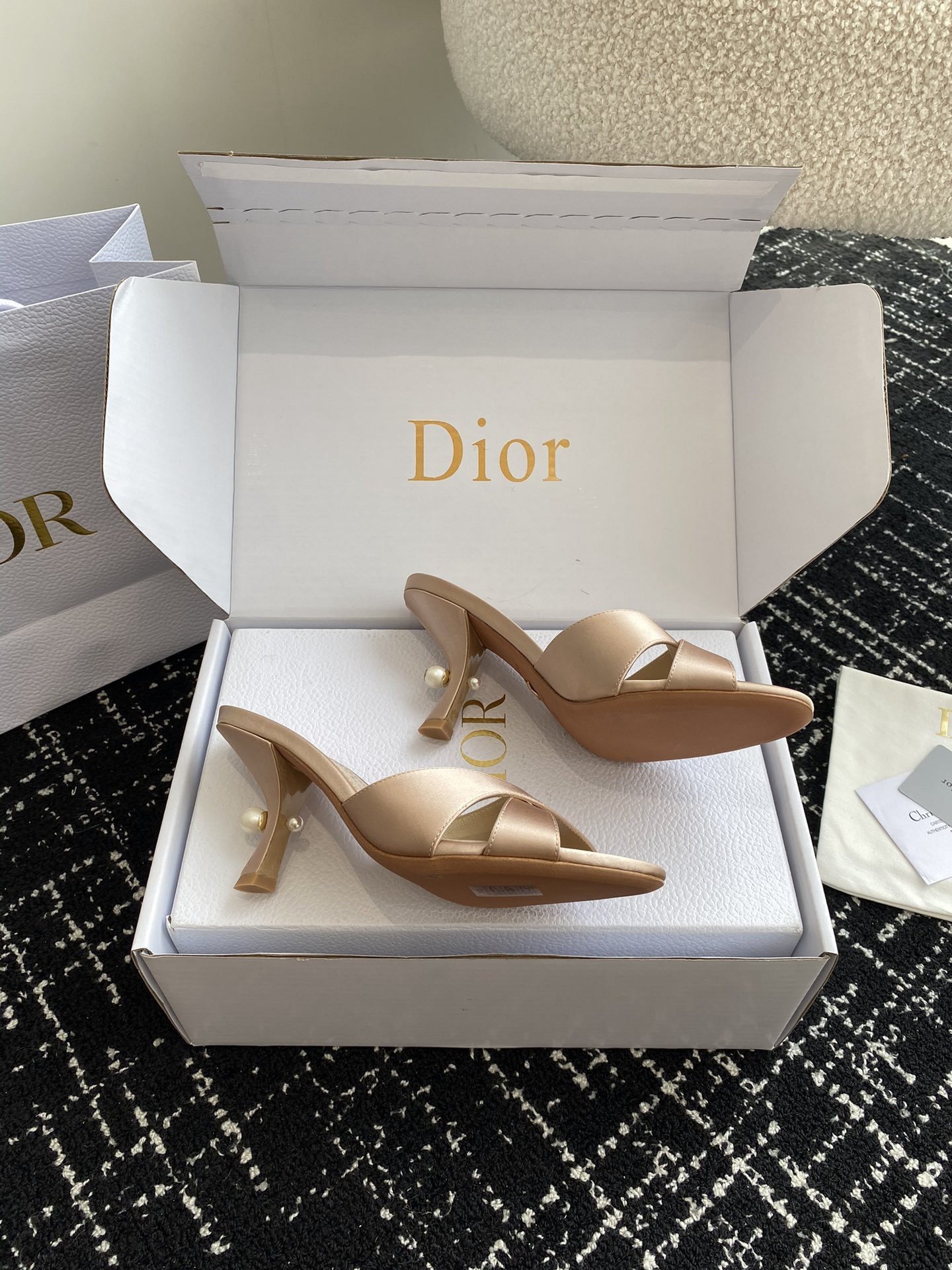 Dior Tribales Heeled Slide Sandals in Nude Satin