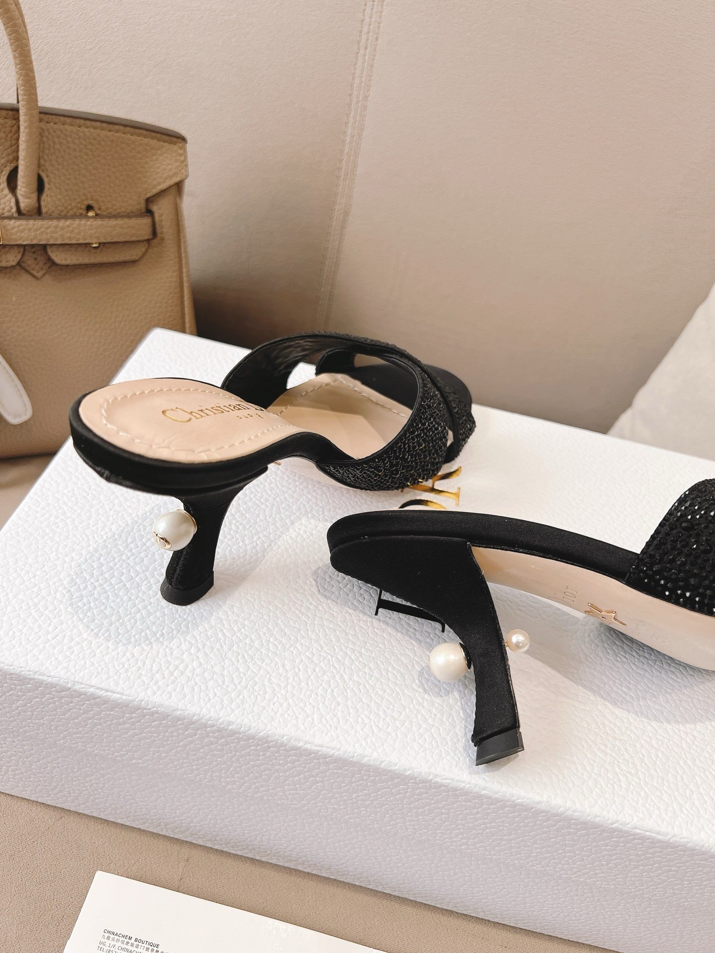 Dior Tribales Heeled Slide Sandals in Black Suede and Strass