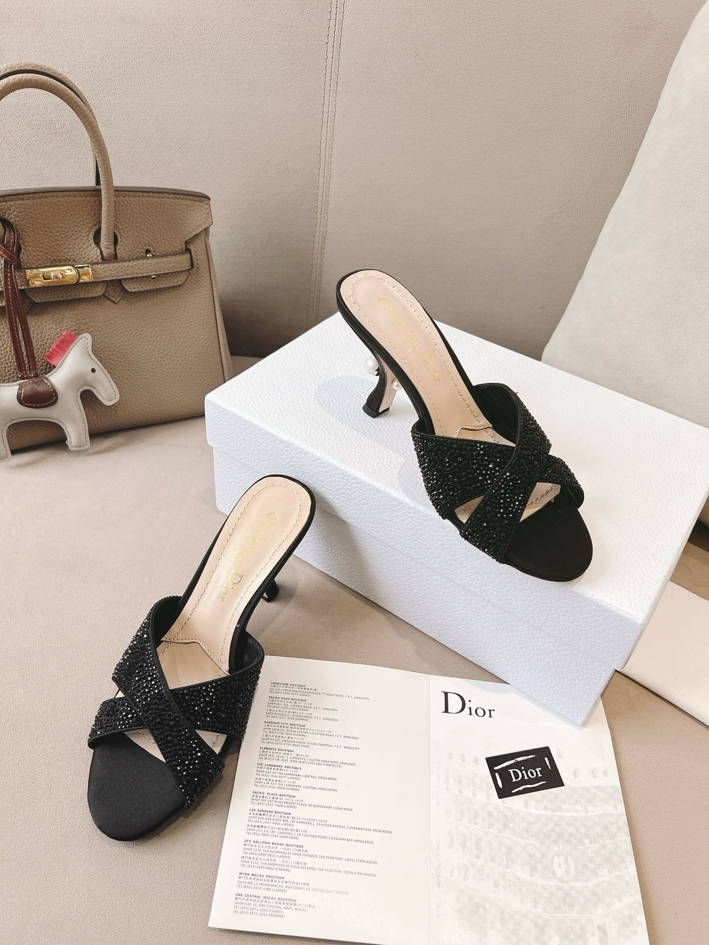 Dior Tribales Heeled Slide Sandals in Black Suede and Strass