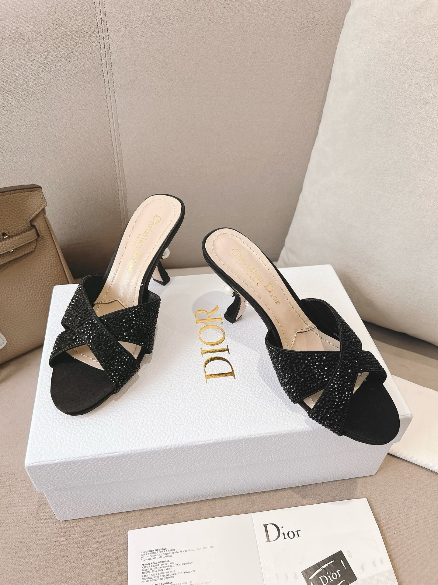 Dior Tribales Heeled Slide Sandals in Black Suede and Strass