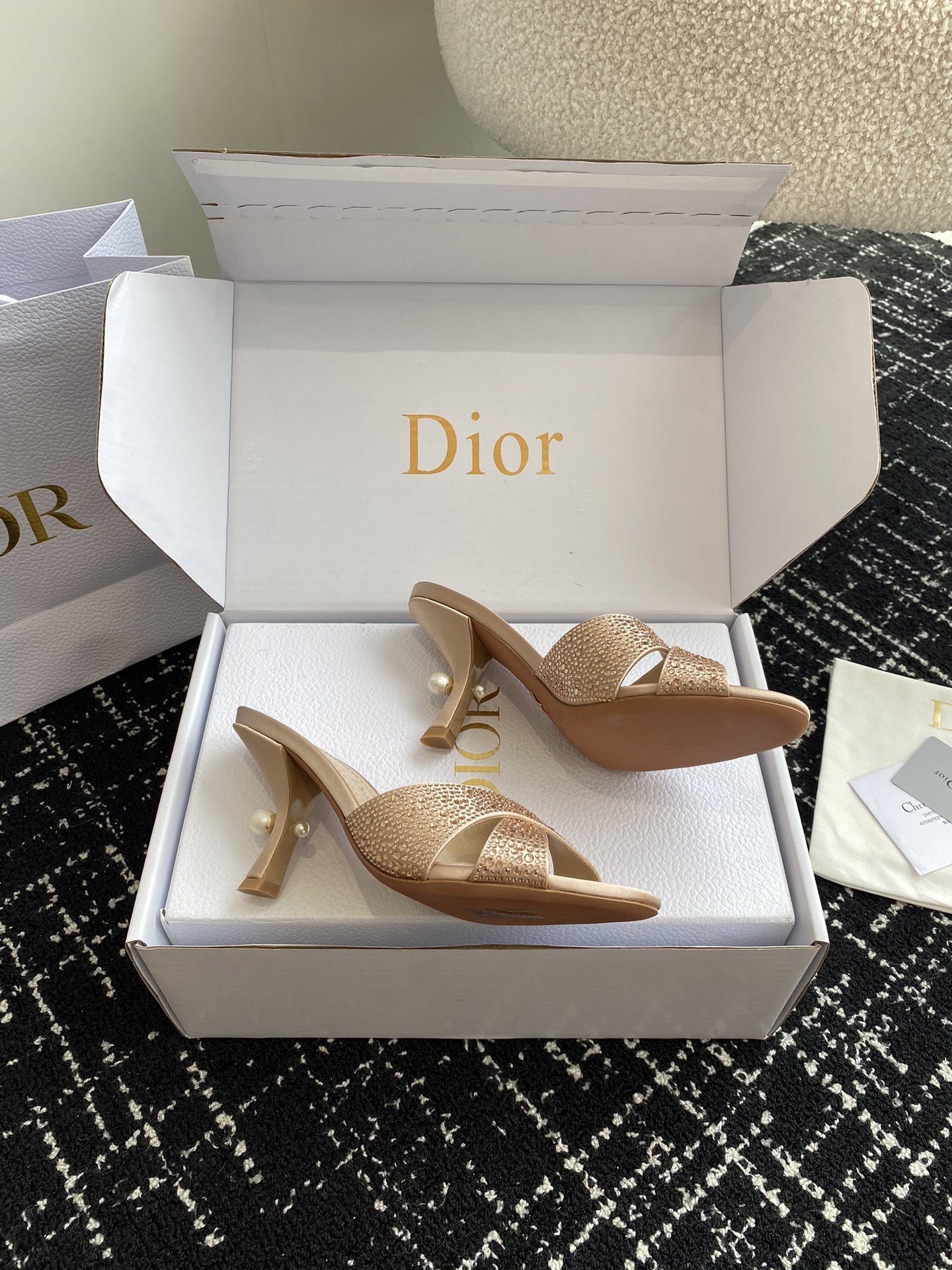 Dior Tribales Heeled Slide Sandals in Nude Suede and Strass