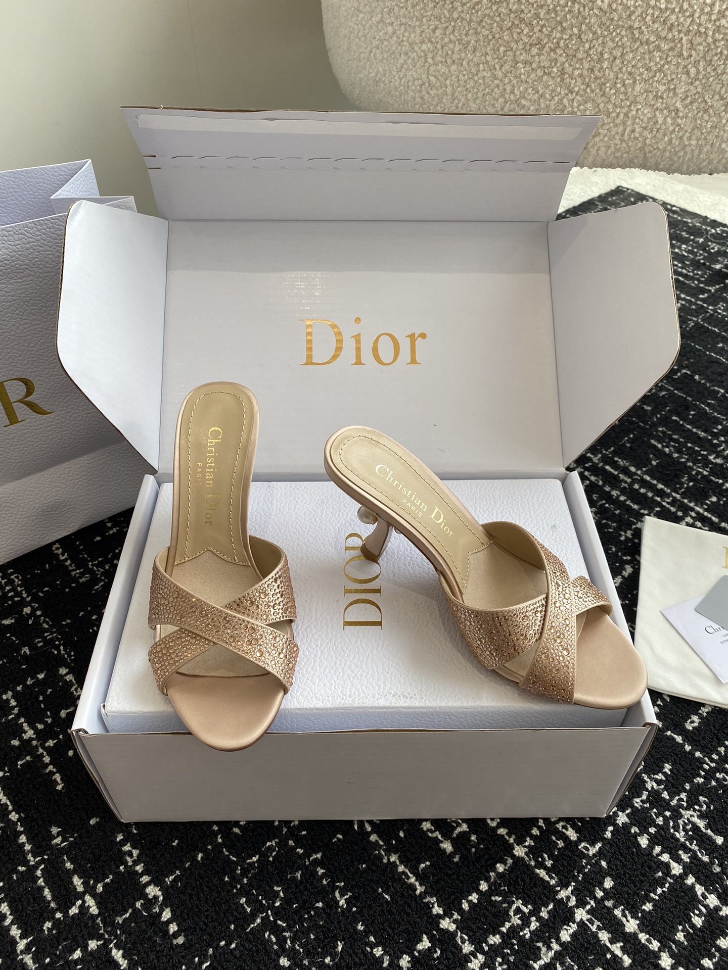 Dior Tribales Heeled Slide Sandals in Nude Suede and Strass