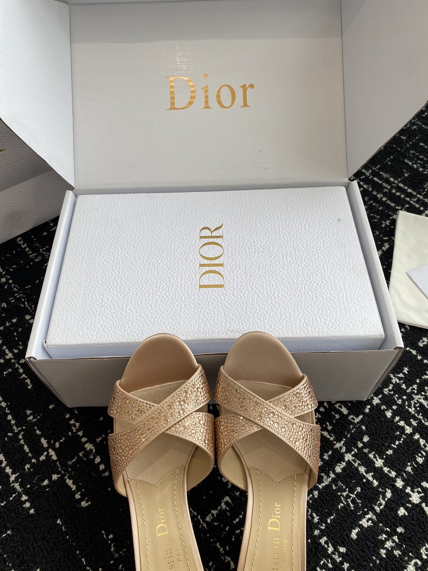 Dior Tribales Heeled Slide Sandals in Nude Suede and Strass