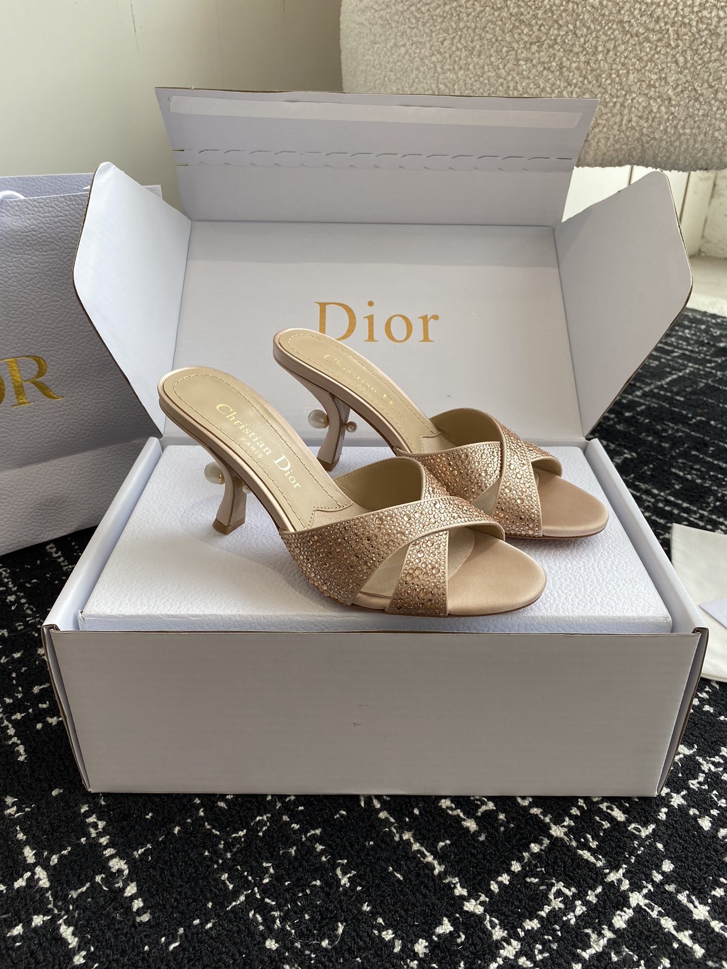 Dior Tribales Heeled Slide Sandals in Nude Suede and Strass