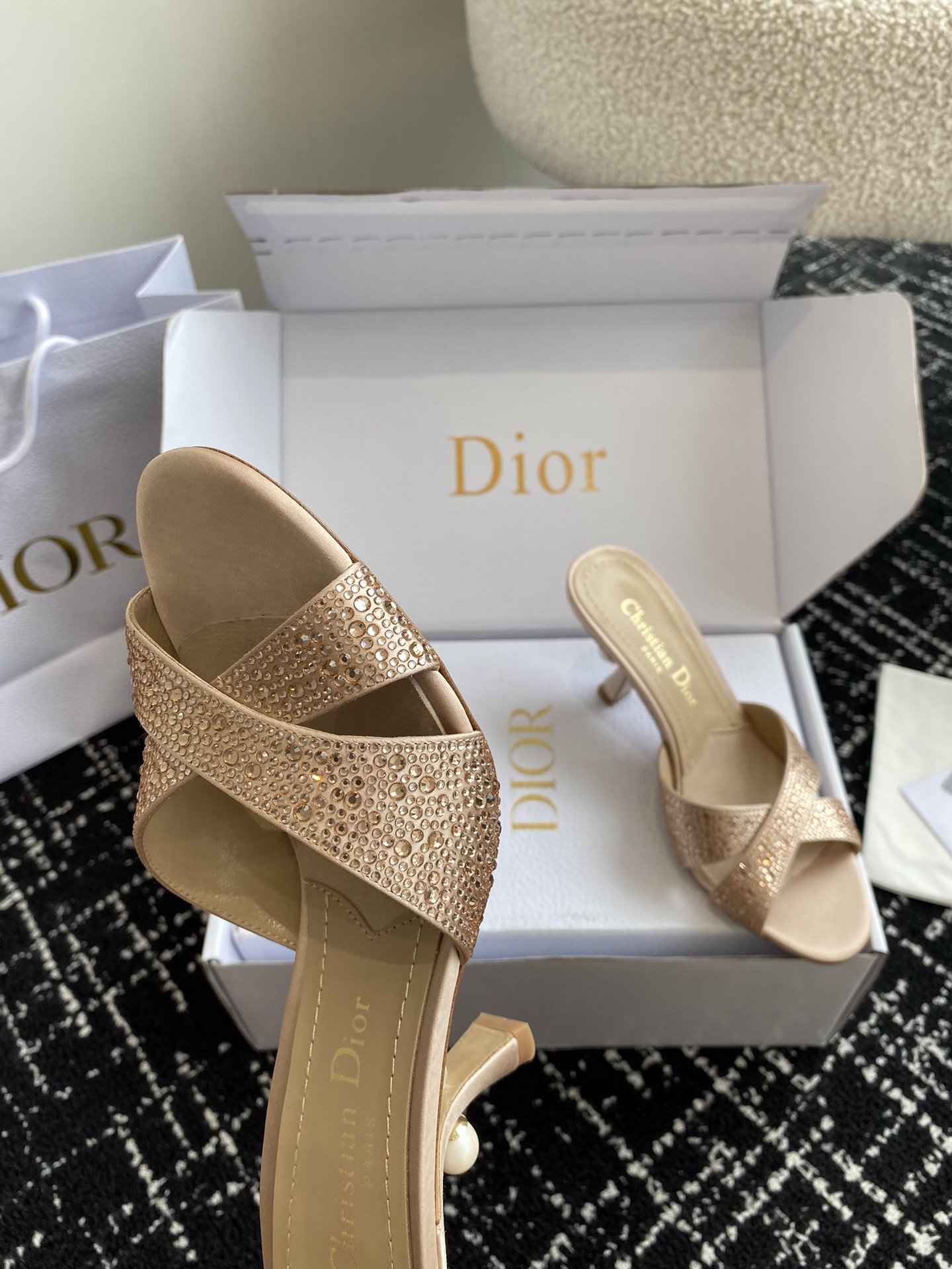 Dior Tribales Heeled Slide Sandals in Nude Suede and Strass