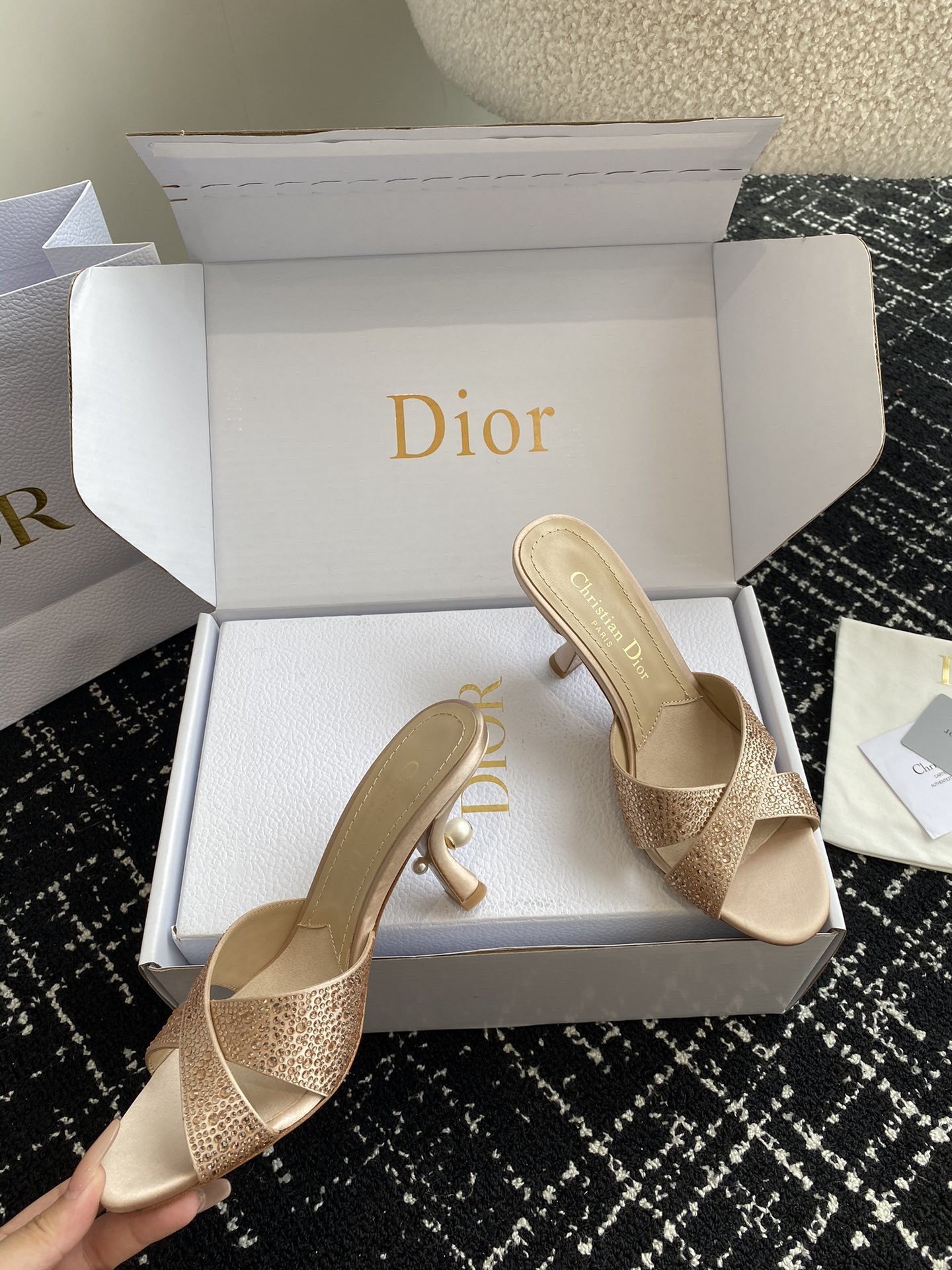 Dior Tribales Heeled Slide Sandals in Nude Suede and Strass